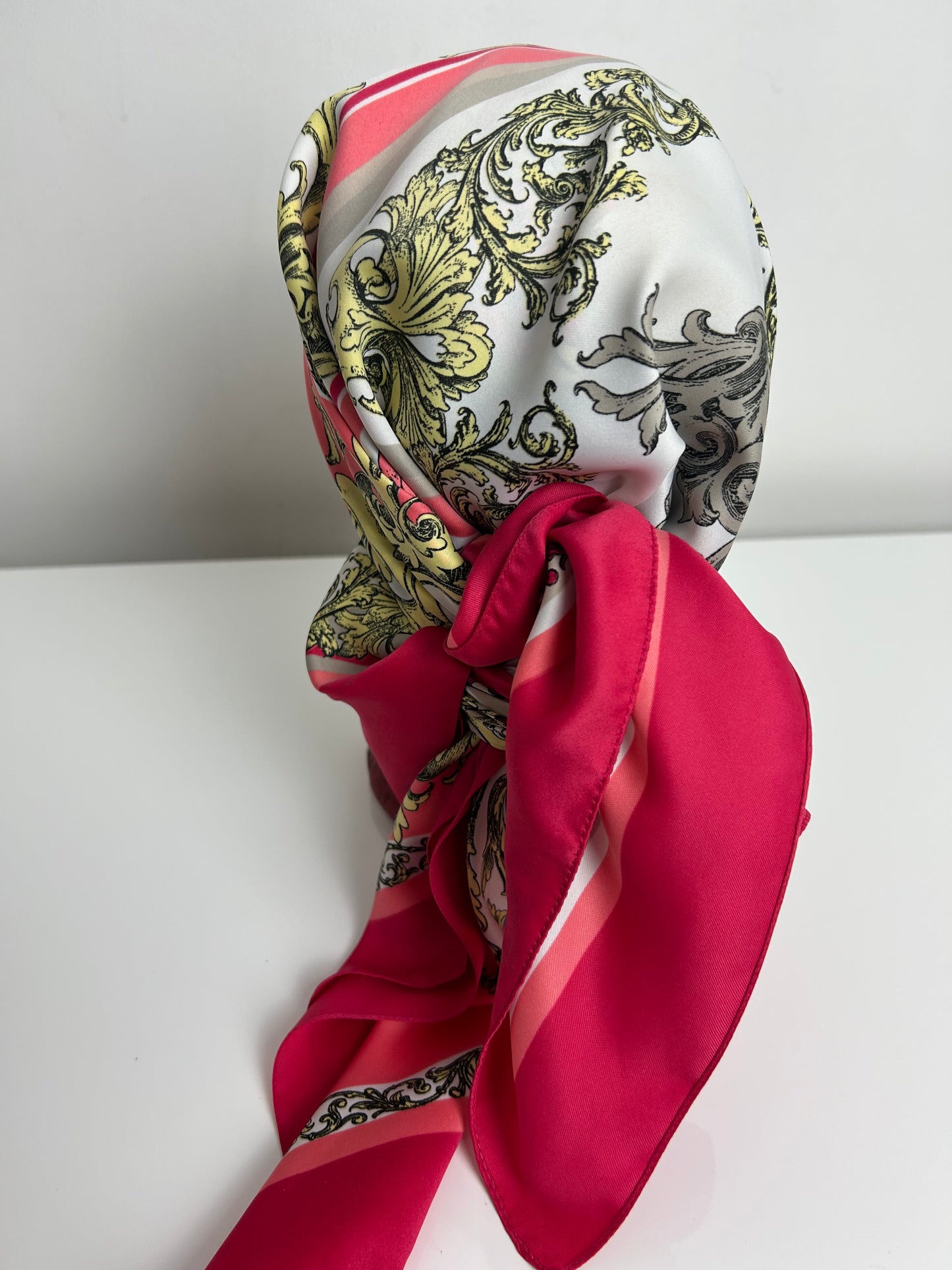 Vintage Pink White & Lemon Nouveau Floral Print Silky Scarf 88cm x 88cm