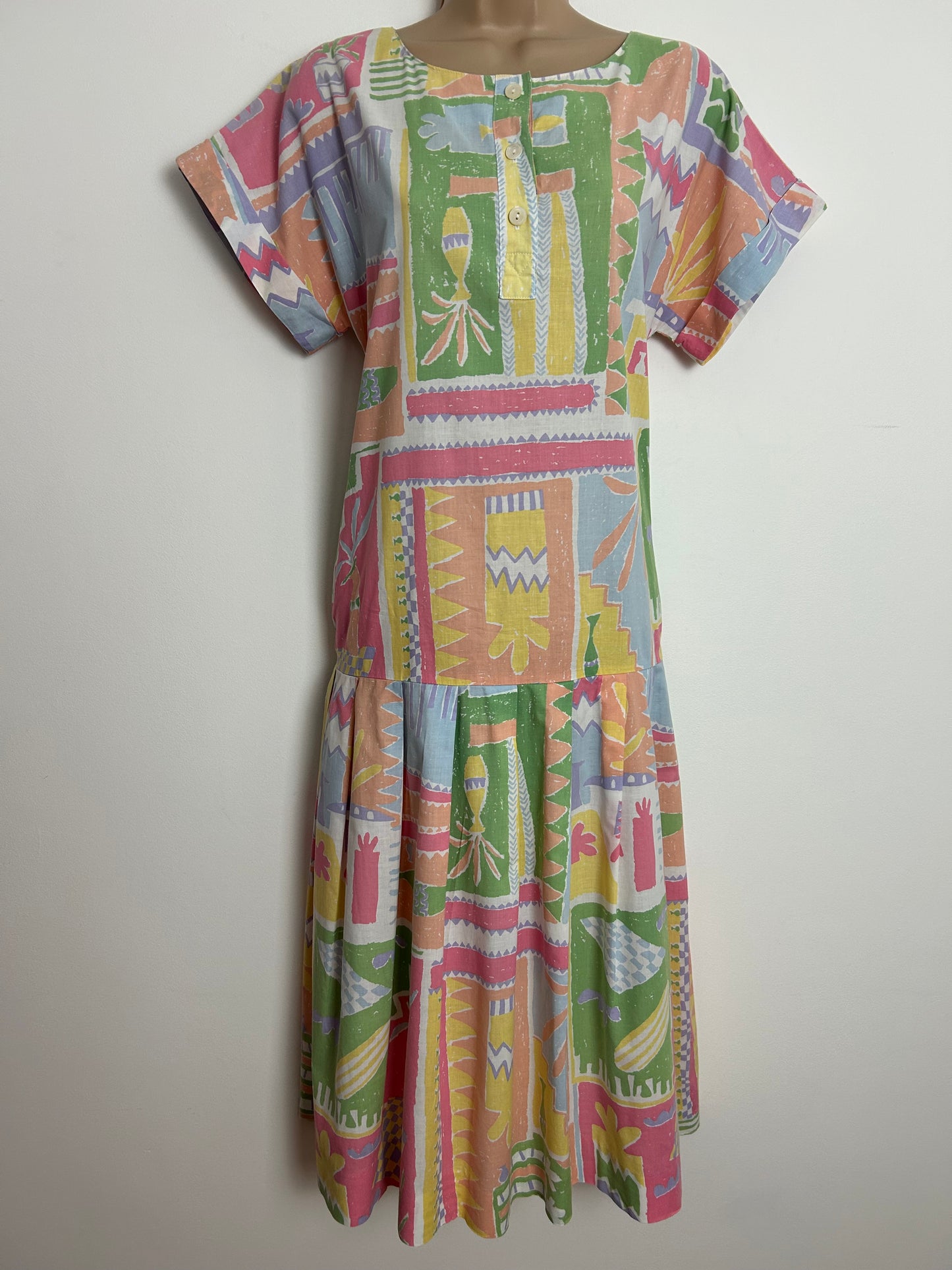 Vintage 1980s LAURA ASHLEY UK Size 10 Pastel Green Lemon Pink & Blue Abstract Pink Tunic Smock Dress