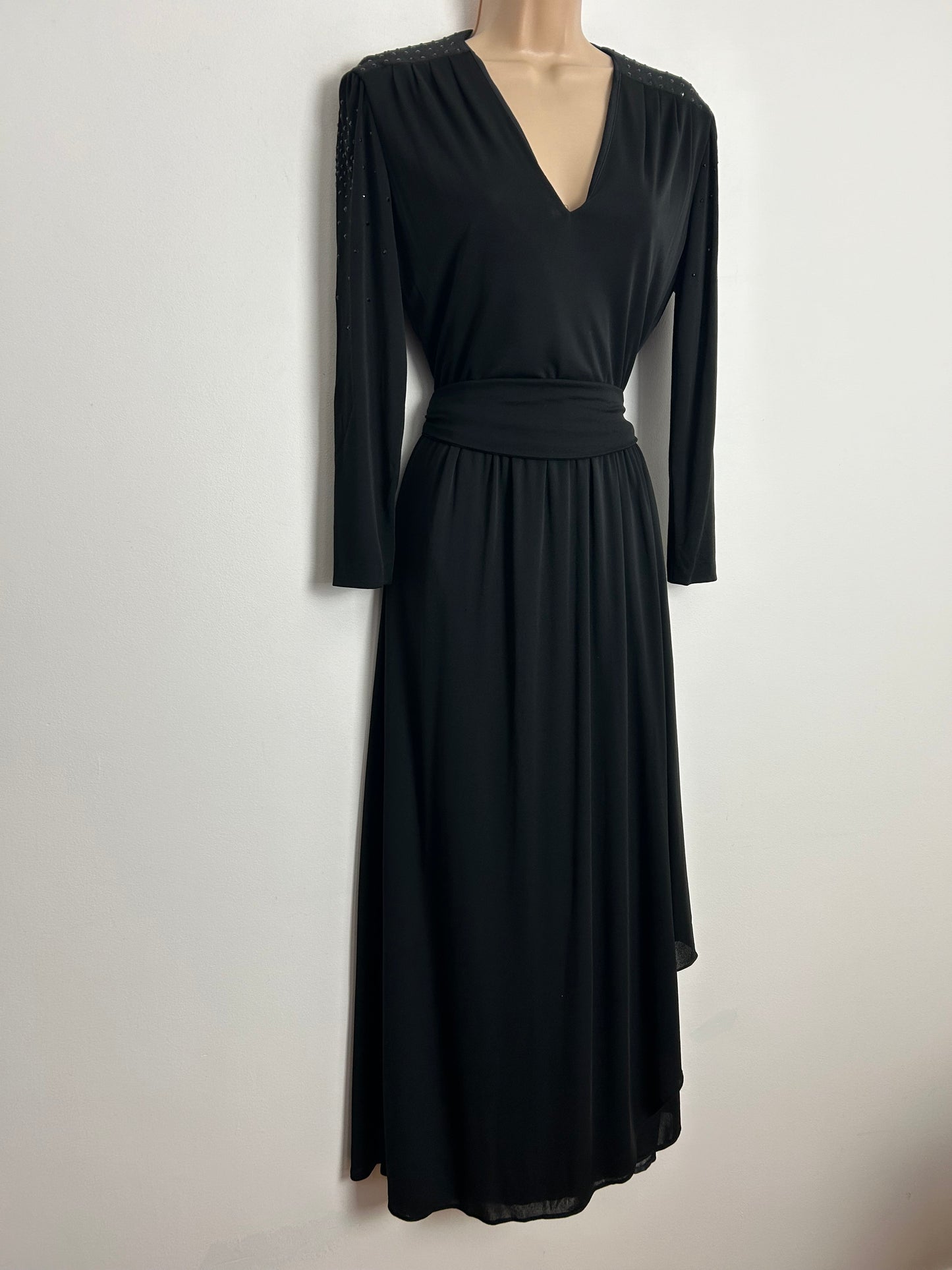 Vintage 1970s FINK MODELL UK Size 12 Black Diamante Detail Long Sleeve Belted Evening Occasion Maxi Dress