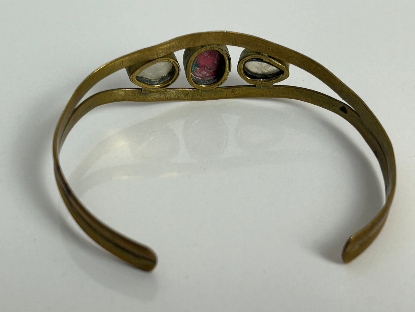 Vintage Small Brass Pink Stone & Glass Set Pretty Bangle/Bracelet