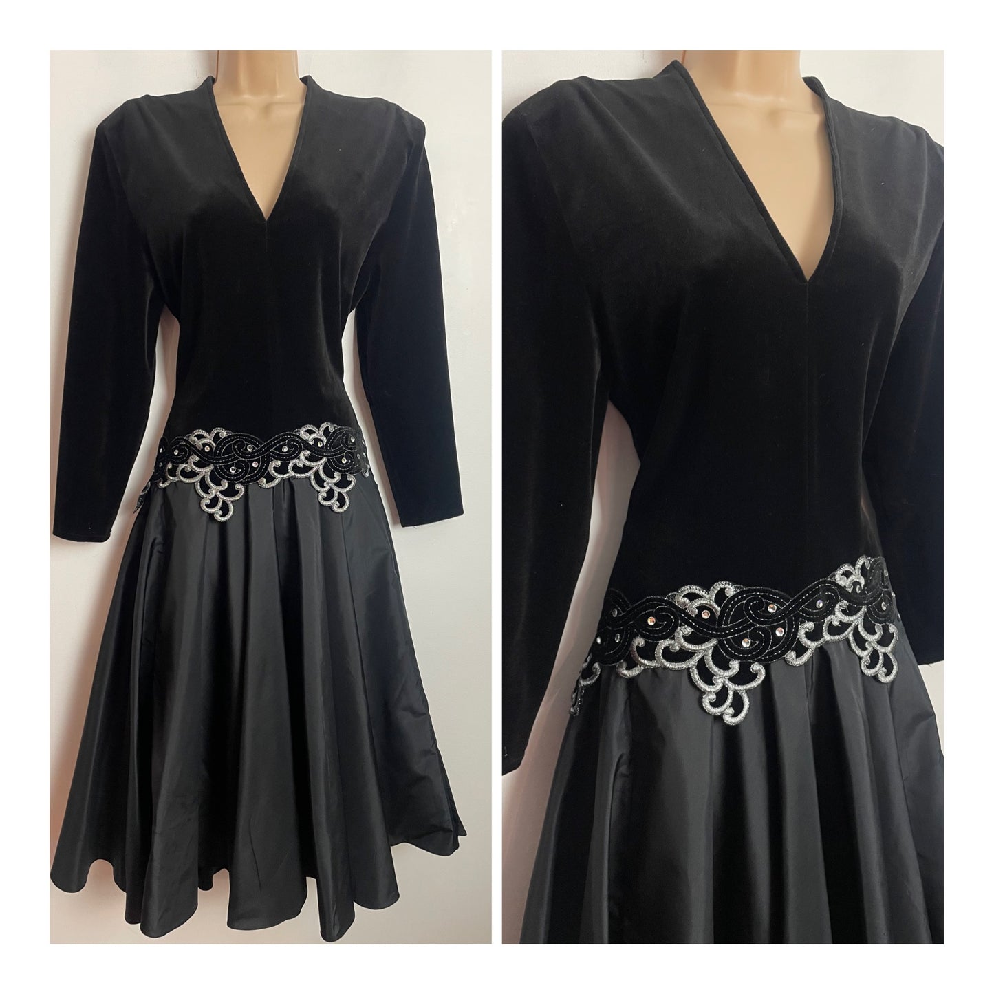 Vintage 1980s BERNSHAW UK Size 12 Black Velvet & Sateen Silver Thread & Diamante Detail Evening Party Occasion Dress