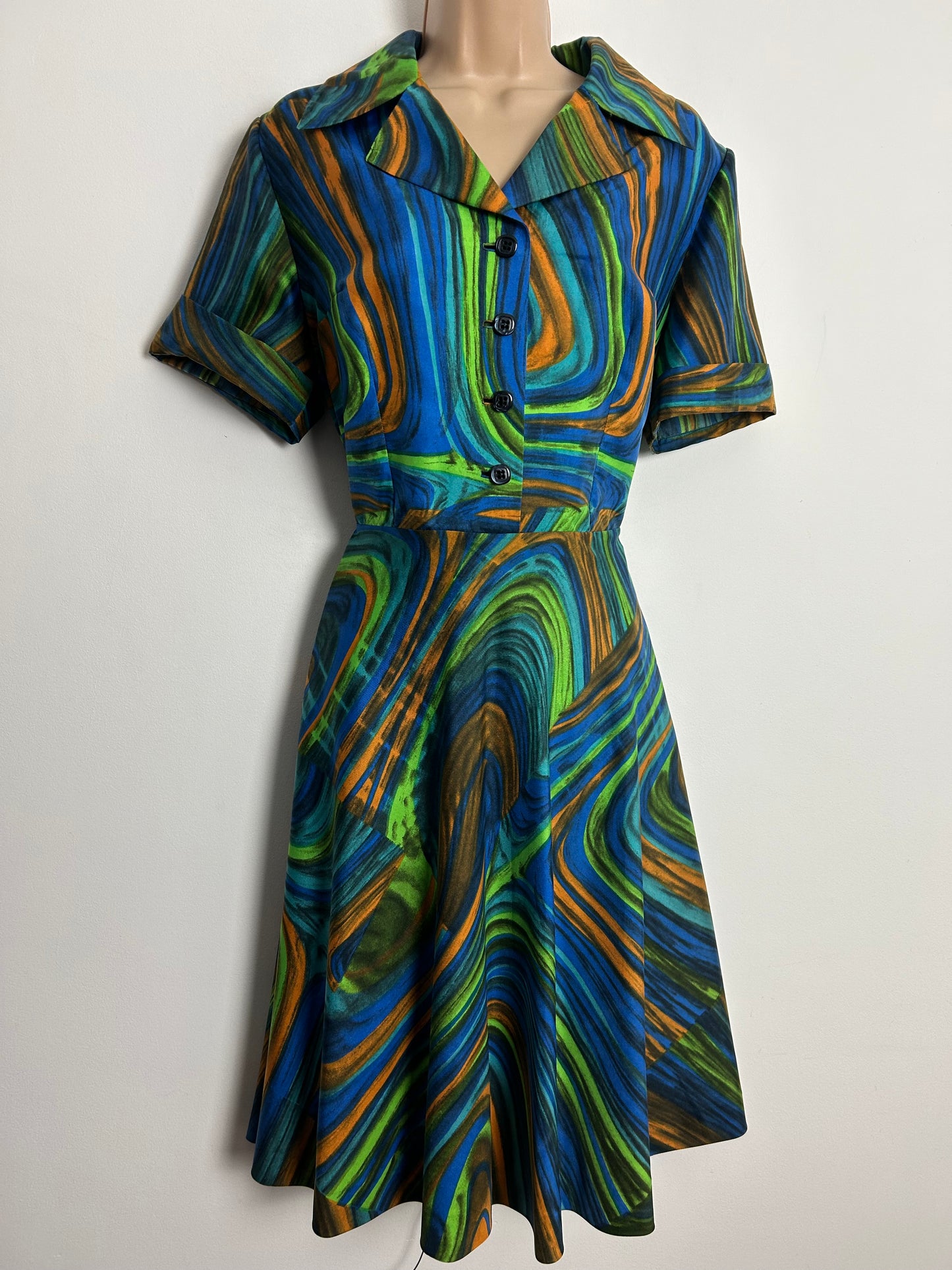 Vintage Late 1960s UK Size 14 Blue Green & Orange Stripe Print Short Sleeve Fit & Flare Dress