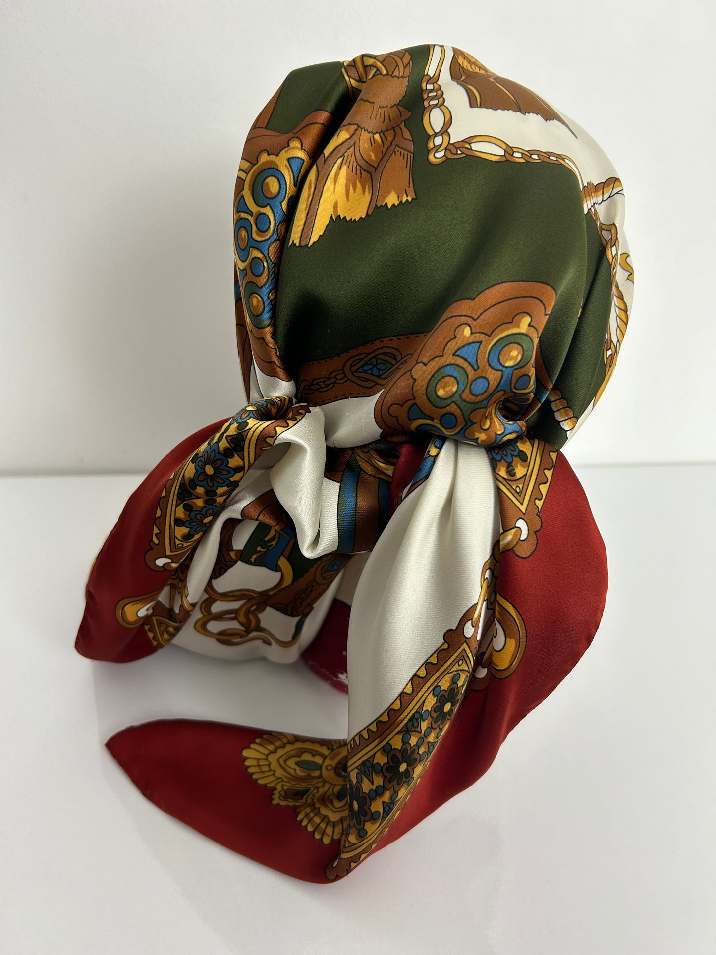 Vintage Rust Cream Brown & Green Baroque Nouveau Print Large Polyester Scarf 87cm x 87cm