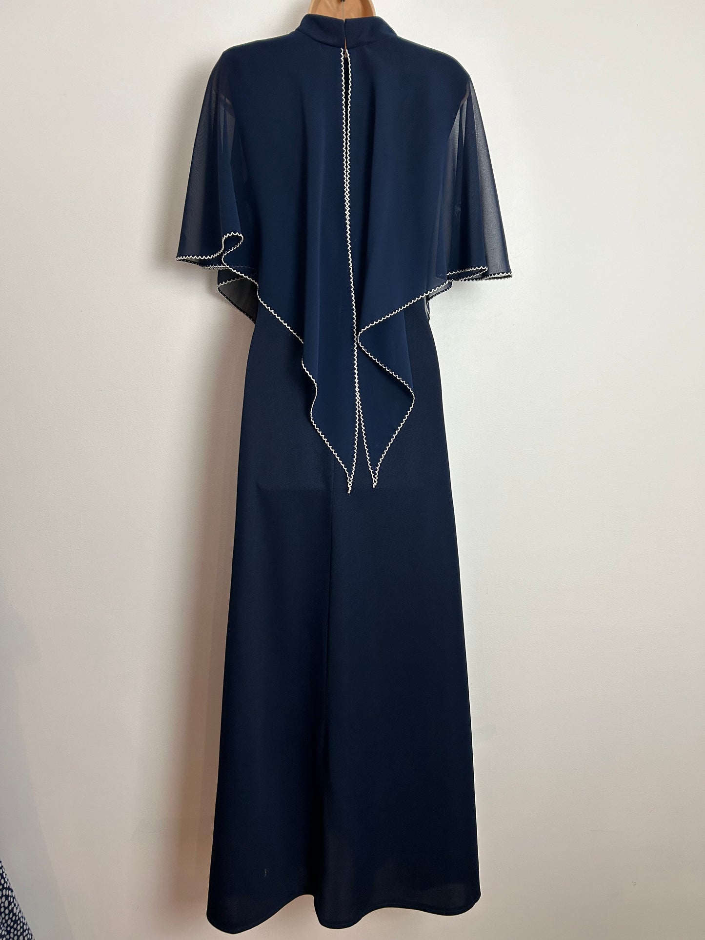 Vintage 1970s UK Size 14 Navy Blue Cape Sleeve Floral Pattern Boho Maxi Dress