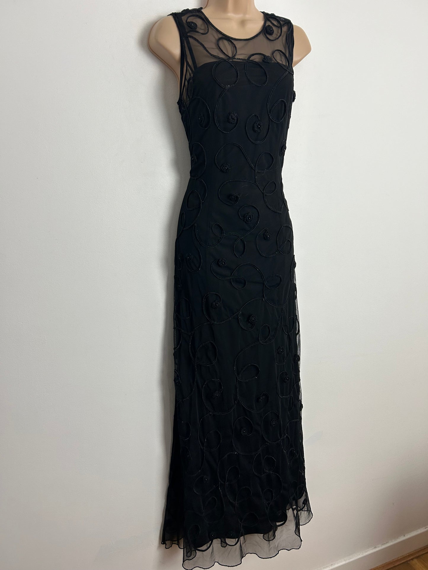 Vintage 1980s NIENTIE UK Size 8-10 Black Illusion Neck Fine Mesh Braid Trim Sleeveless Occasion Evening Maxi Dress