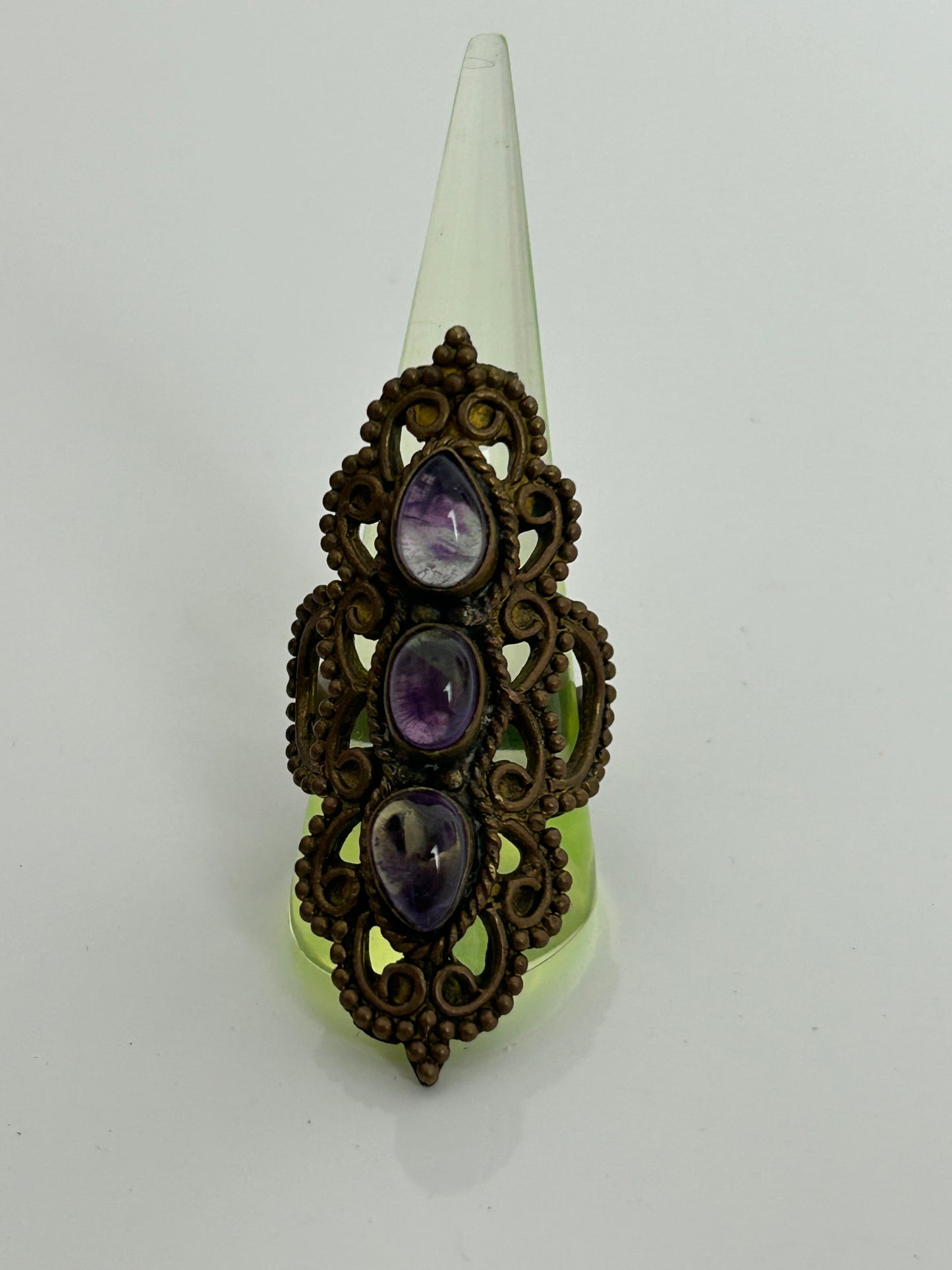Vintage Mixed Metal Dark Gold Purple Stone Set Long Filigree Ring Size R