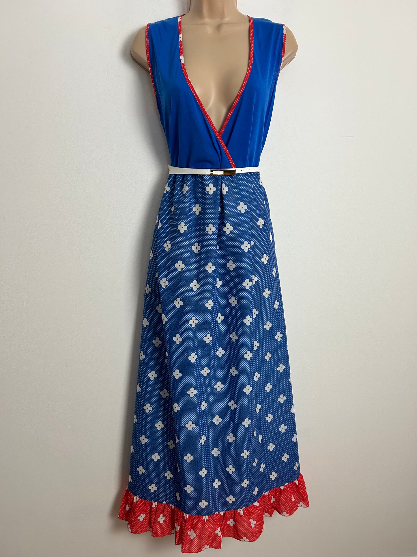 Vintage 1970s Size 10 Blue White & Red Polka Dot & Floral Print Plunge Neck Sleeveless Belted Maxi Dress