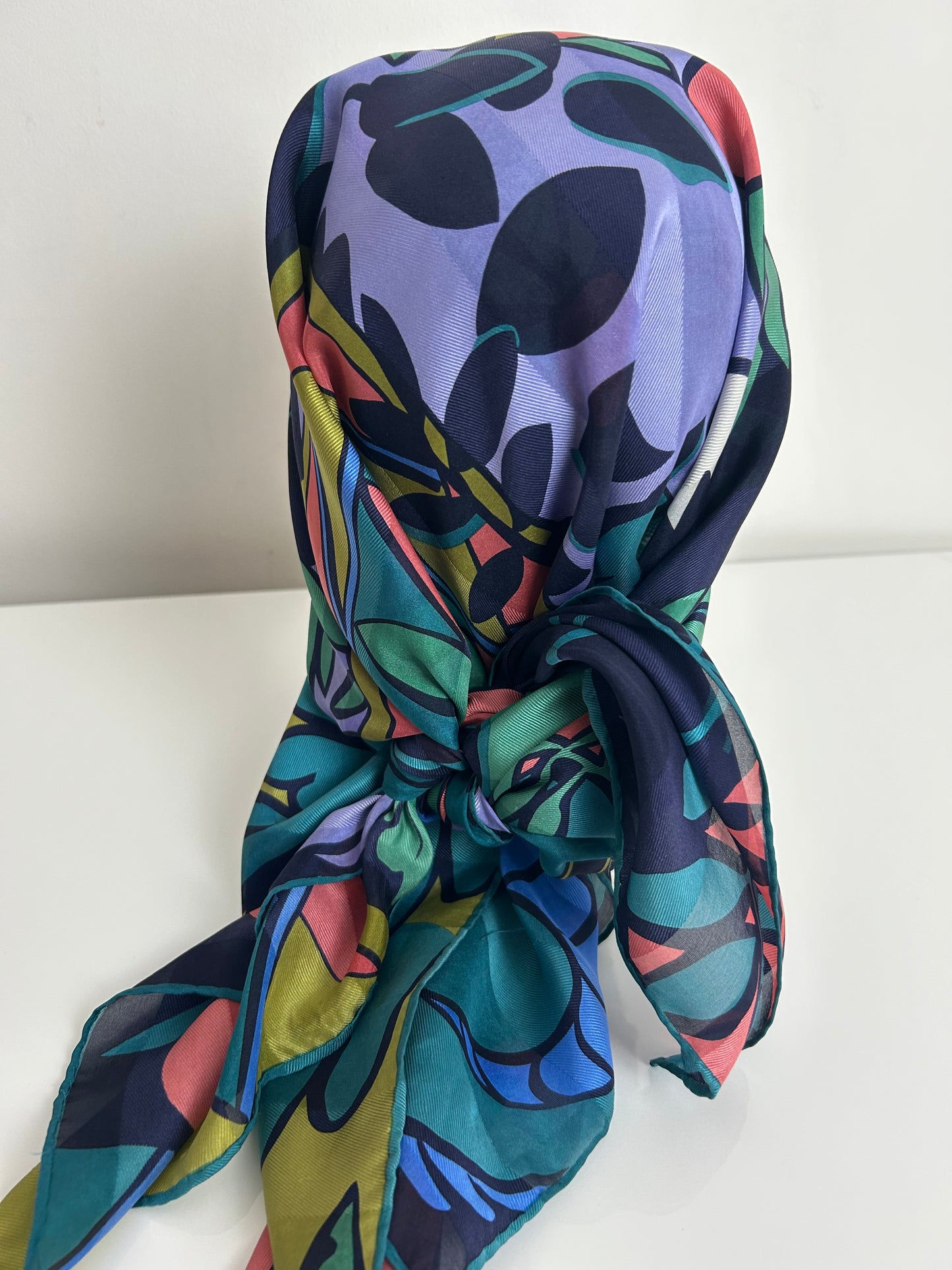Vintage PATRICK STOFFEL Teal Green Orange & Lilac Tree & Mountain Print Collectable Silk Scarf 90cm x 87cm