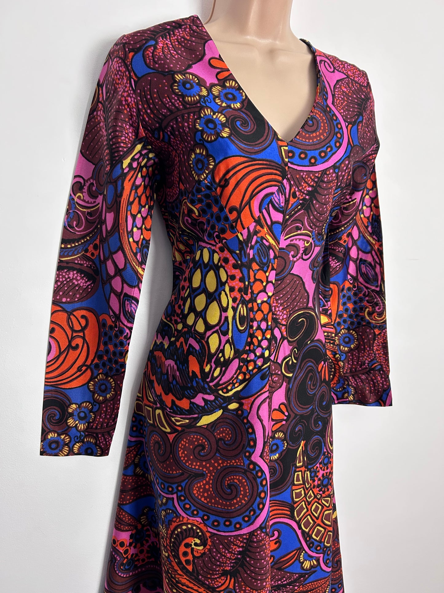 Vintage 1970s CONTESA UK Size 10 Black Brown Pink Orange & Blue Abstract Floral Print Long Sleeve Maxi Dress