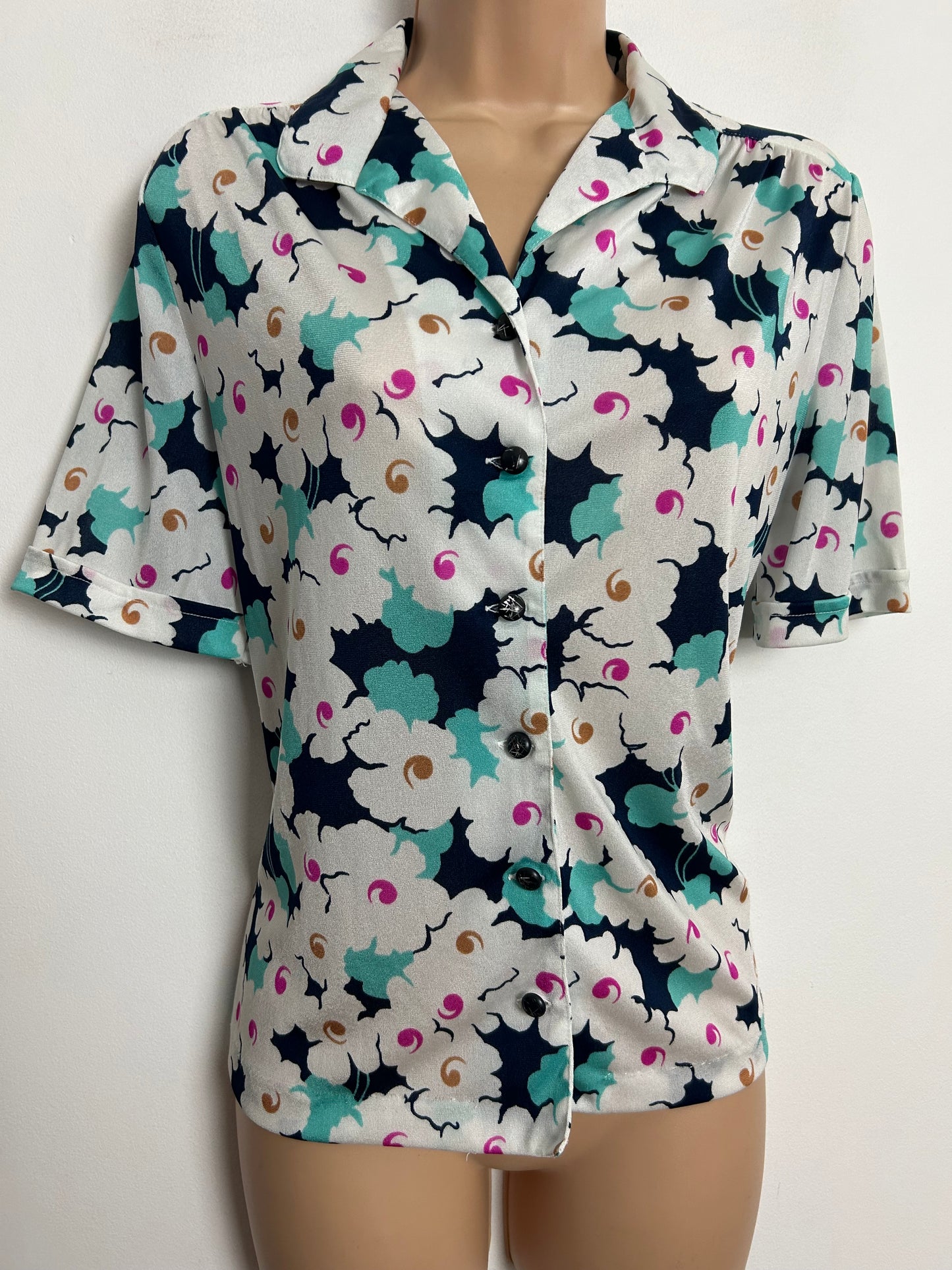 Vintage Early 1980s ORSETTO Italian UK Size 10-12 White Navy Blue & Mint Green Floral Print Short Sleeve Shirt