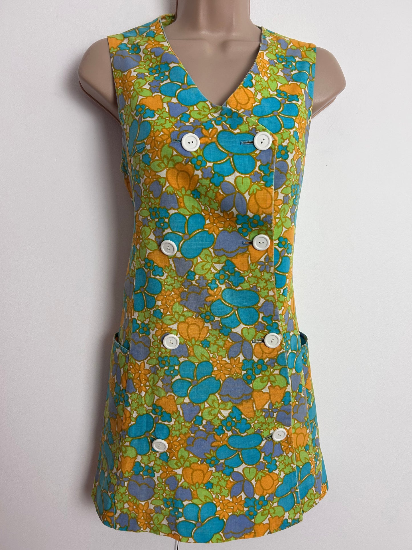 Vintage 1960s UK Size 8 Cute Blue Orange White & Green Floral Print Double Breasted Mini Mod Shift Dress