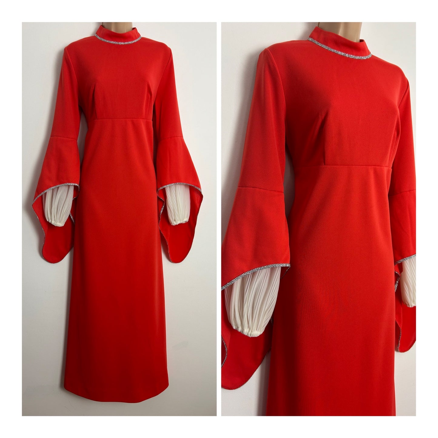 Vintage 1970s HENRIQUES OF LONDON UK Size 14 Orangey Red Long Double Sleeve Prairie Boho Occasion Maxi Dress
