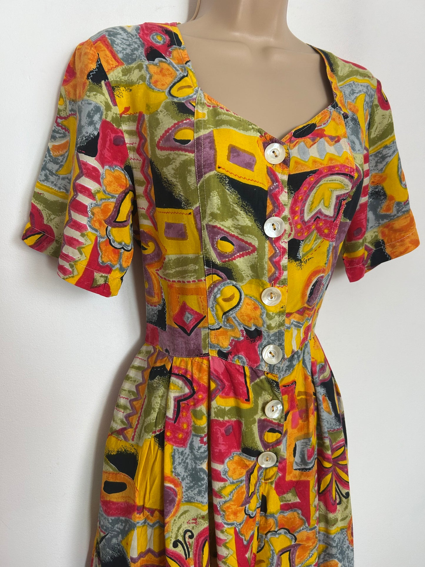 Vintage 1980s RENE DERHY Size 8 (Small) Yellow Orange Pink & Purple Abstract Print Cute Romper Playsuit