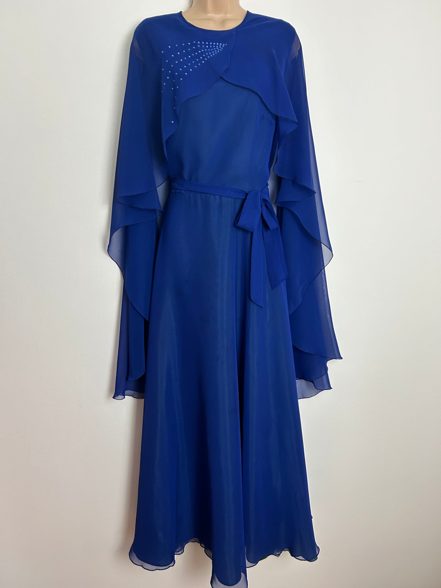 Vintage Late 1970s Size 12 Royal Blue Chiffon Rhinestone Detail Cape Sleeve Belted Occasion Evening Maxi Dress