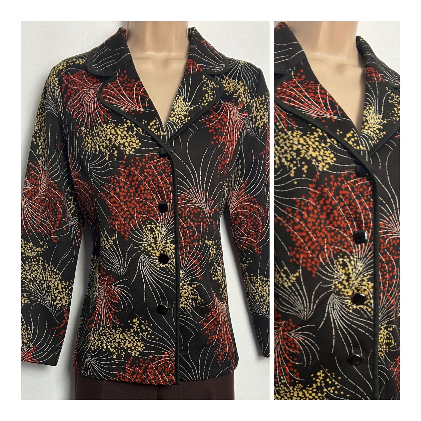 Vintage 1960s UK Size 10-12 Brown Beige & Rusty Orange Abstract Print Long Sleeve Shirt/Top