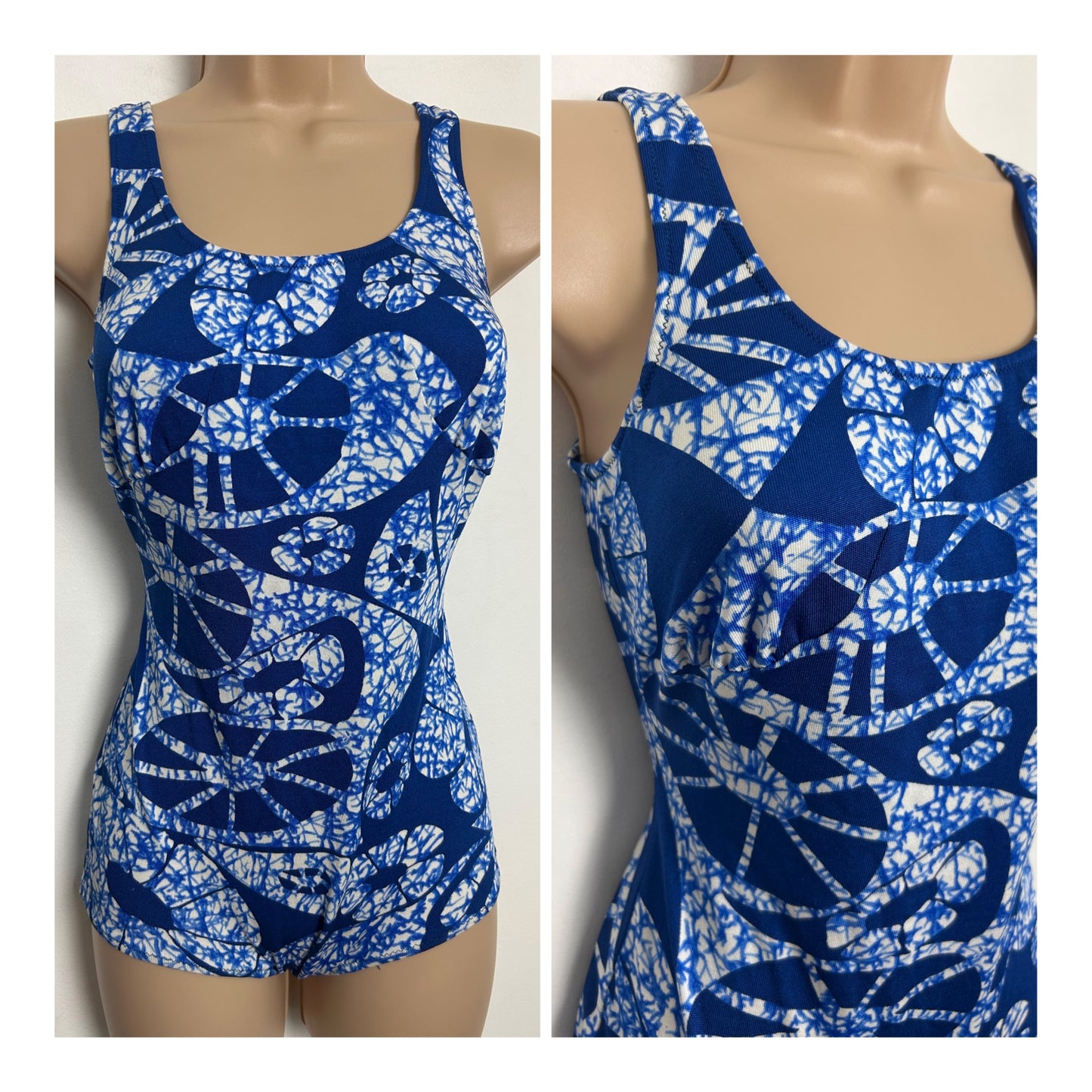 Vintage 1960s FELINA BOUTIQUE Size 12 Blue & White Abstract Print Swimsuit