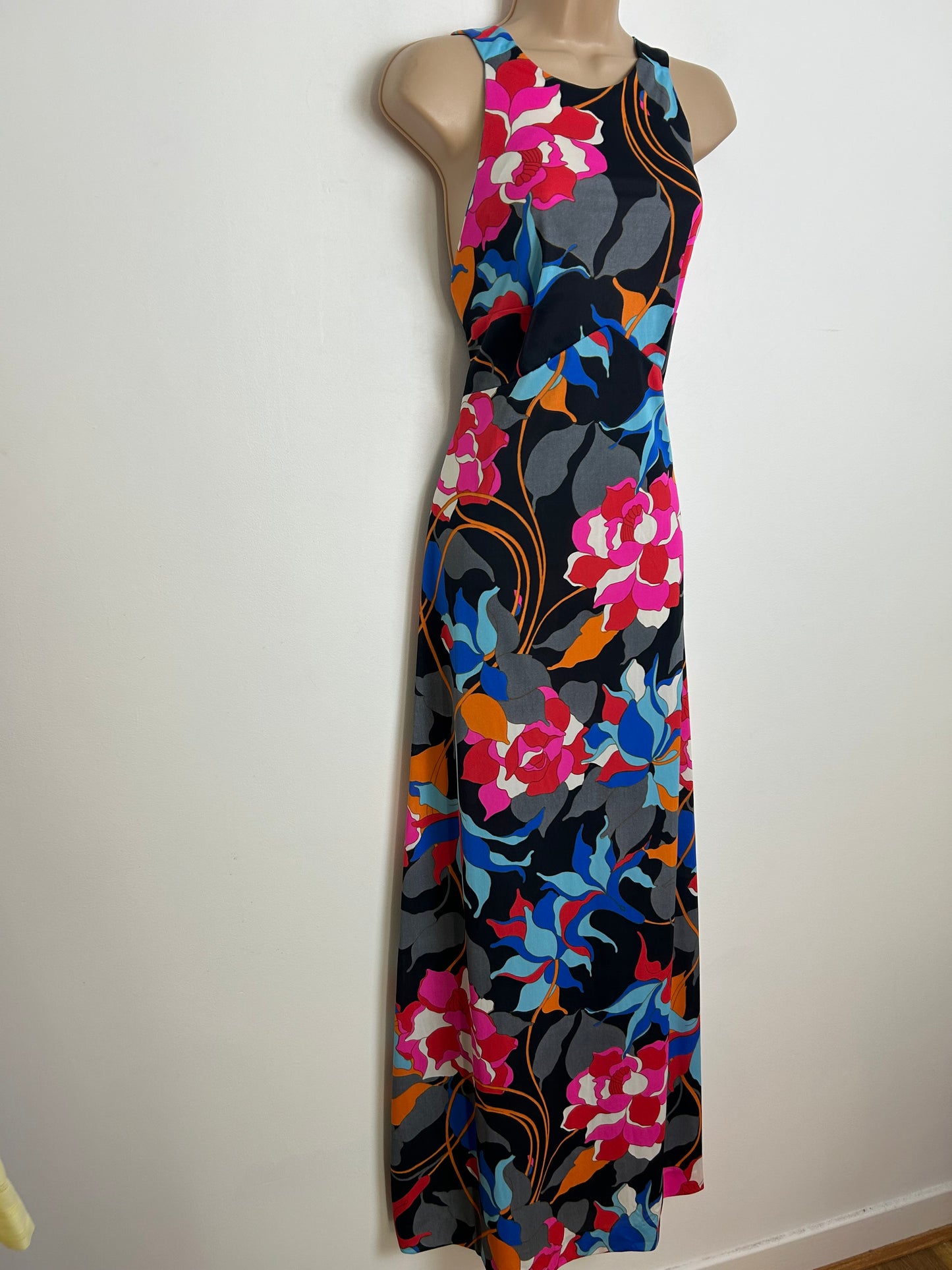 Vintage 1970s JOBI Size 10 Black Pink Blue & Orange Floral Print Maxi Dress