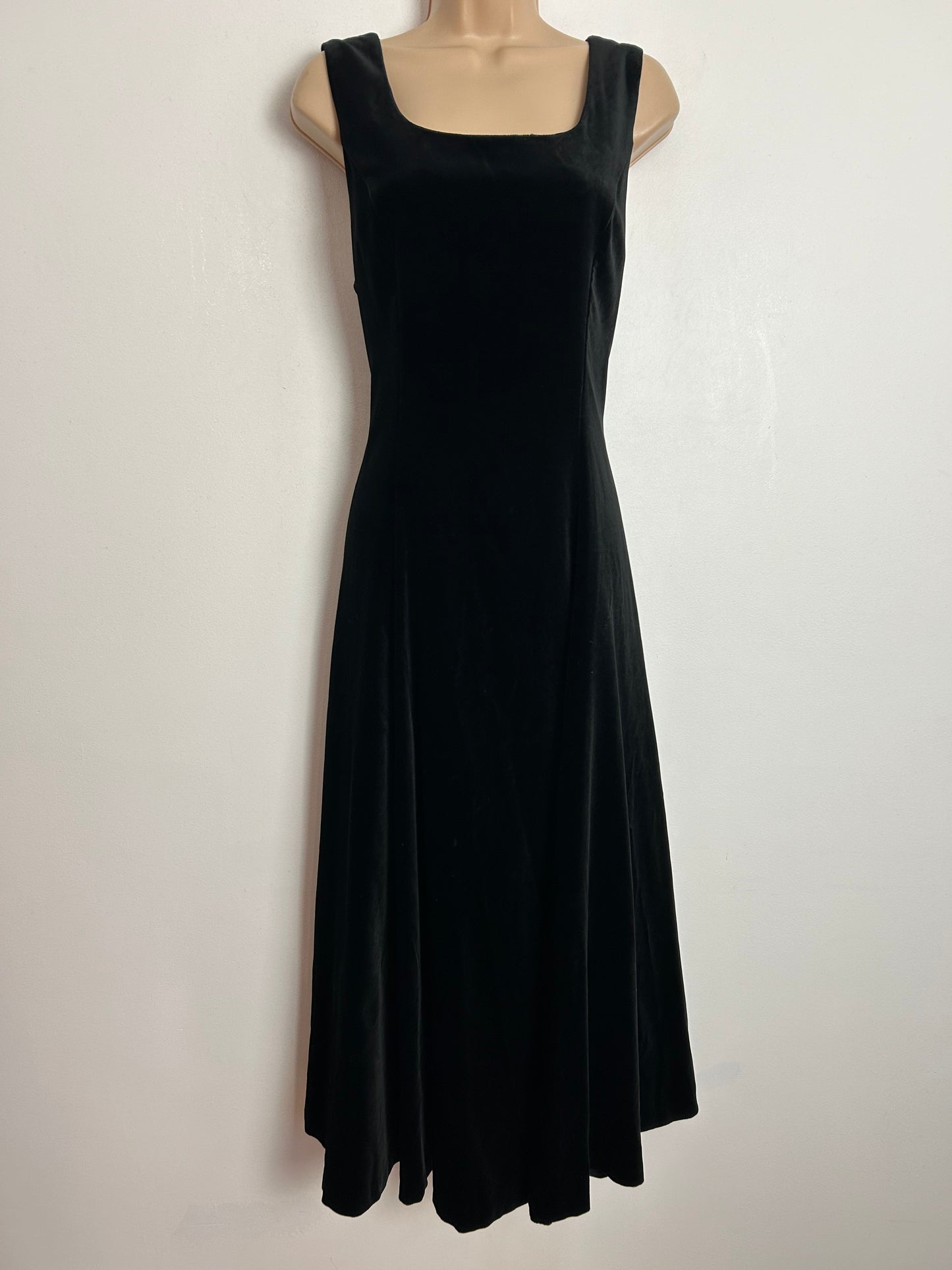 Vintage 1980s LAURA ASHLEY UK Size 12 (Size 14 On Label) Black Velvet Sleeveless Midi Dress