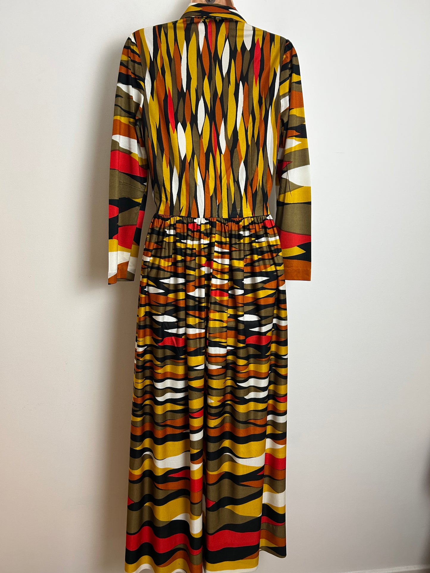 Vintage 1970s Size 8 Brown Black Mustard & Red Zebra Stripe Long Sleeve Maxi Dress