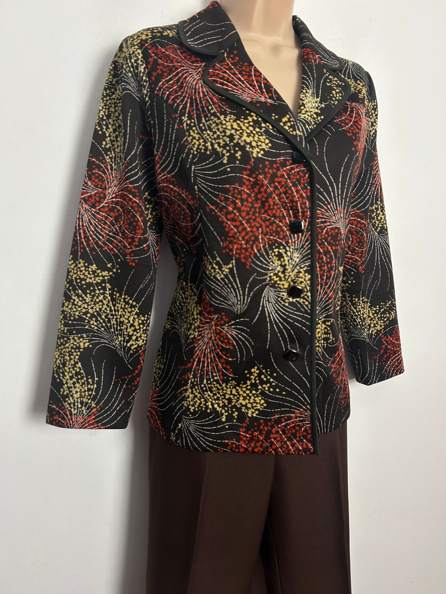 Vintage 1960s UK Size 10-12 Brown Beige & Rusty Orange Abstract Print Long Sleeve Shirt/Top