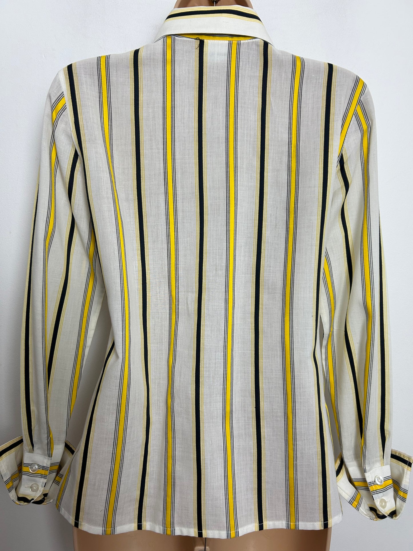 Vintage 1970s Size 8 White Yellow & Black Vertical Stripe Print Cotton Mix Long Sleeve Dagger Collar Shirt