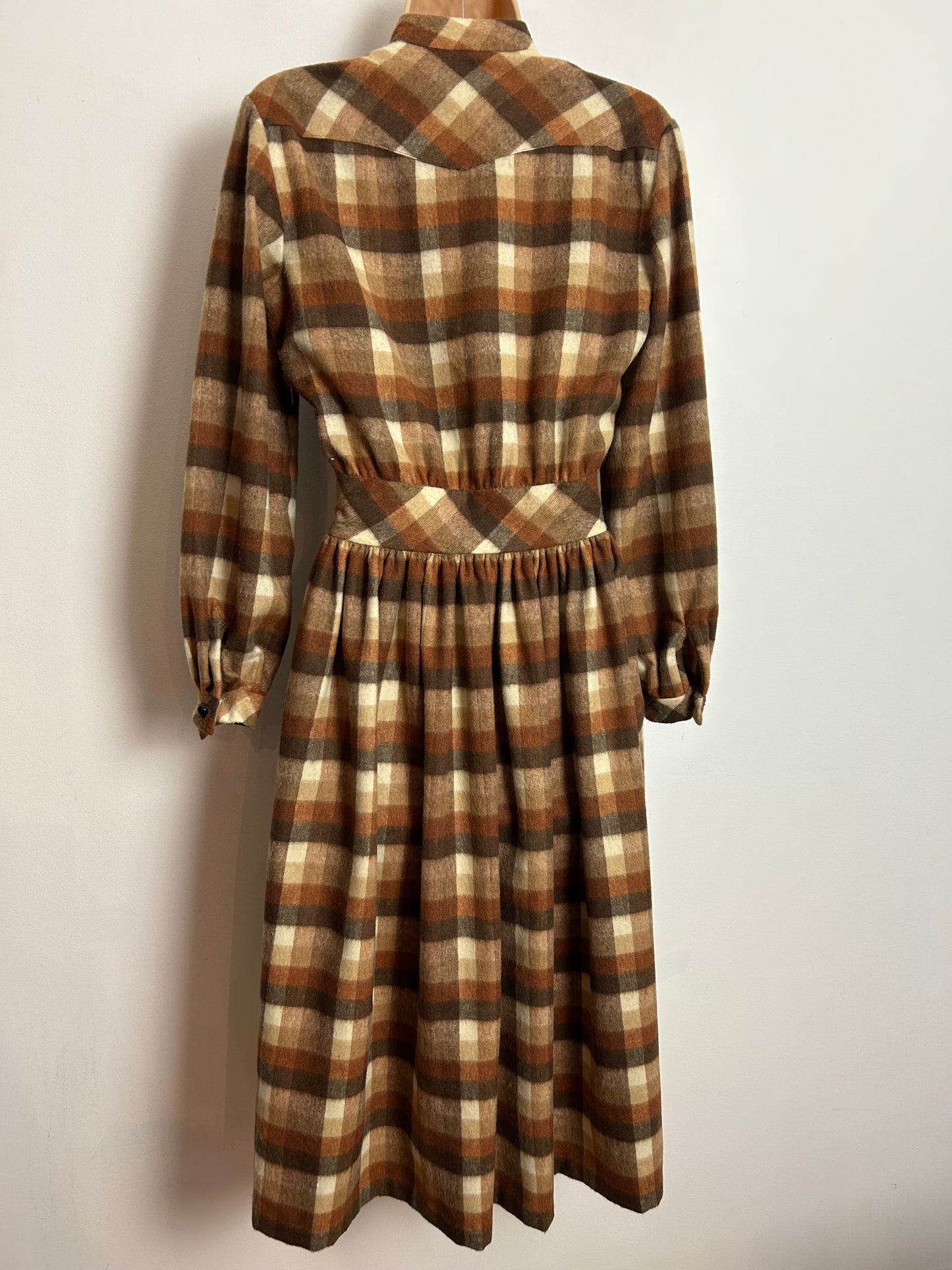 Vintage Late 1970s UK Size 10 Brown & Beige Tones Check Pattern Wool Mix Long Sleeve Dress