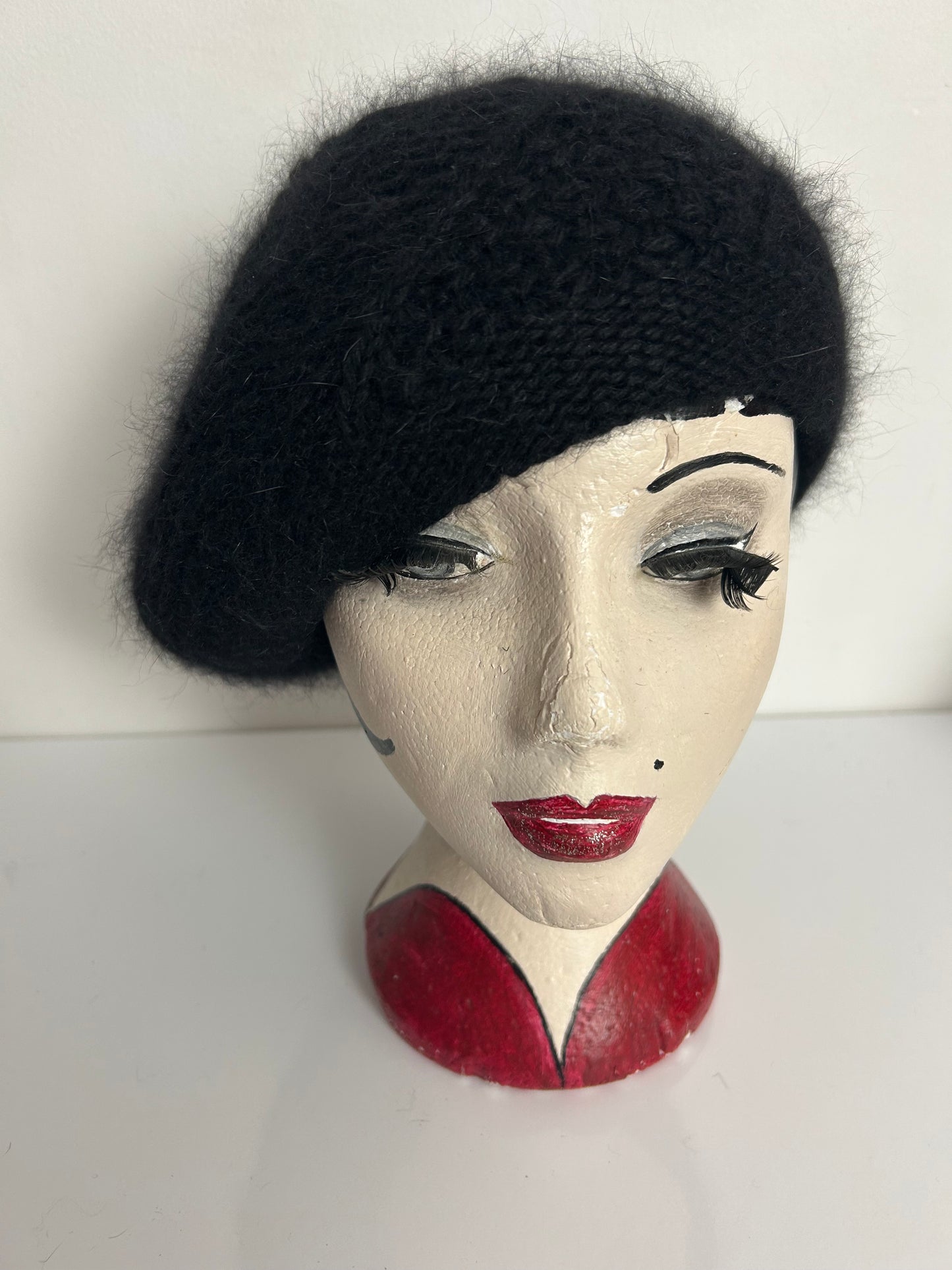 Vintage Black Angora Wool Mix Chunky Knitted Beret Hat