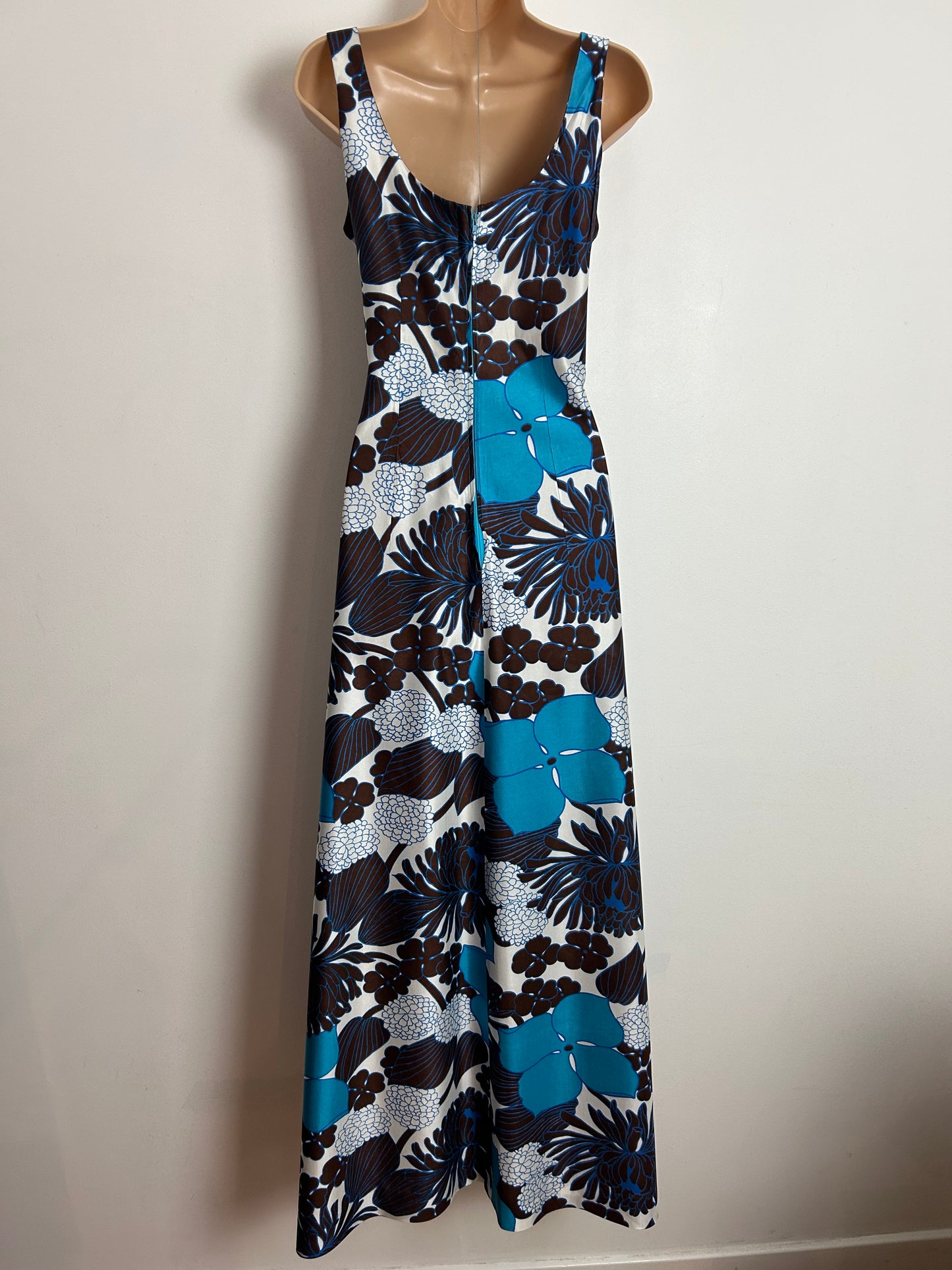 Vintage 1970s MISS JEANIE UK Size 6-8 Brown White & Dark Turquoise Floral Print Bow Detail Maxi Dress