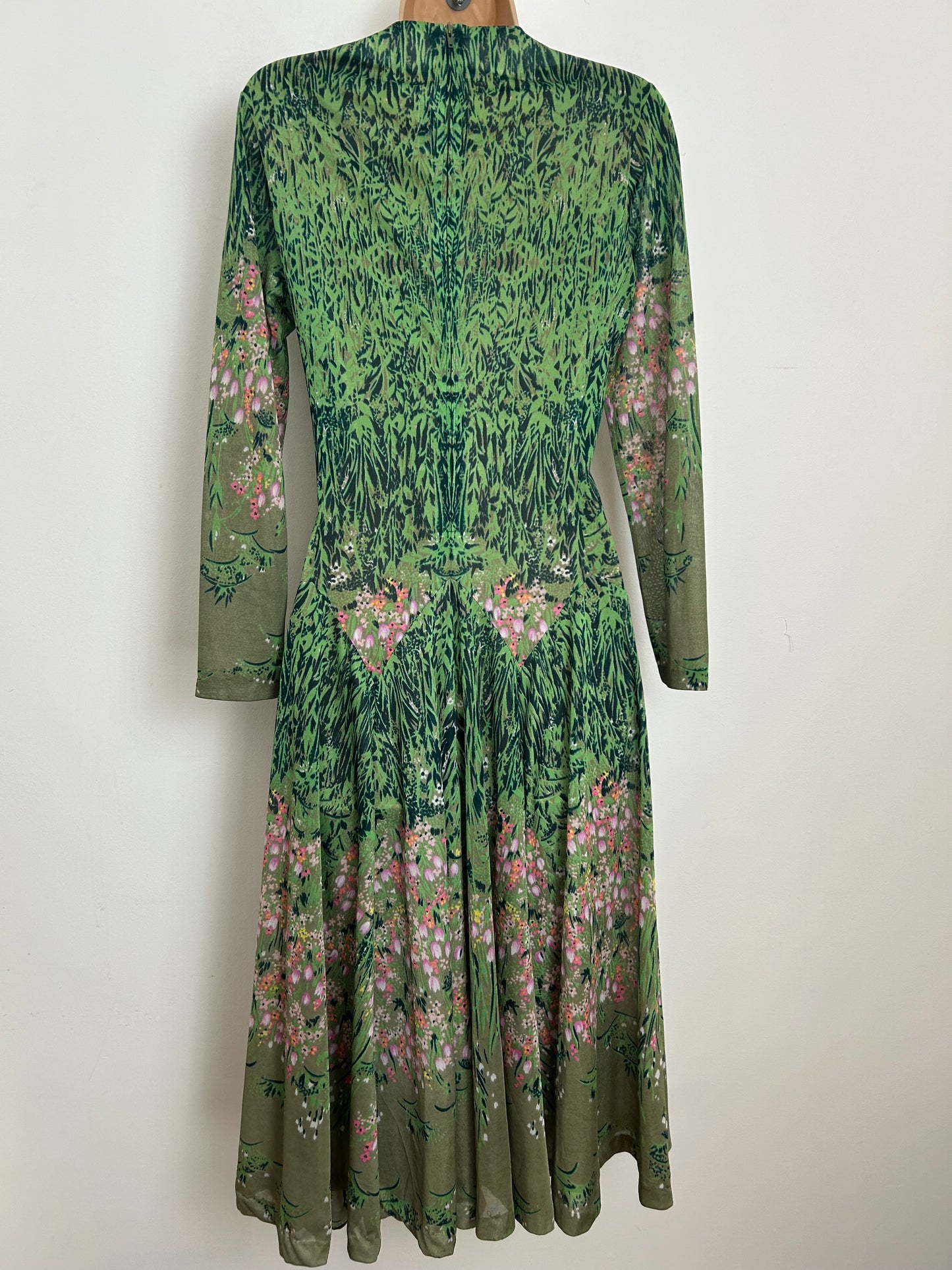 Vintage Late 1970s Italian Made FELICE For INSTRADE Size 8-10 Green & Pink Floral Print Long Sleeve Flared Day Dress