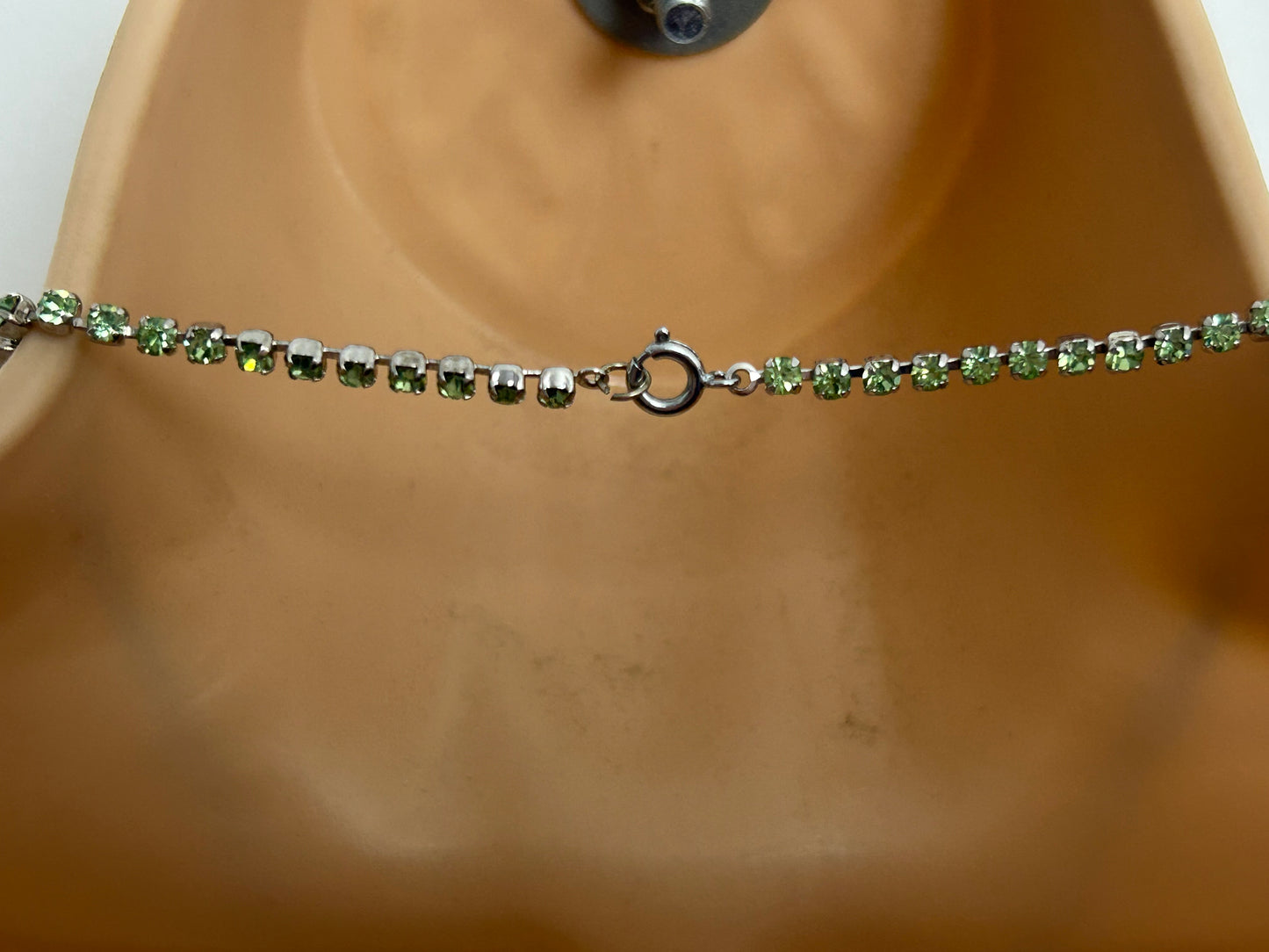 Vintage 1960s Silver Tone & Green Diamante & Cabochon Stone Set Deco Style Paste Necklace