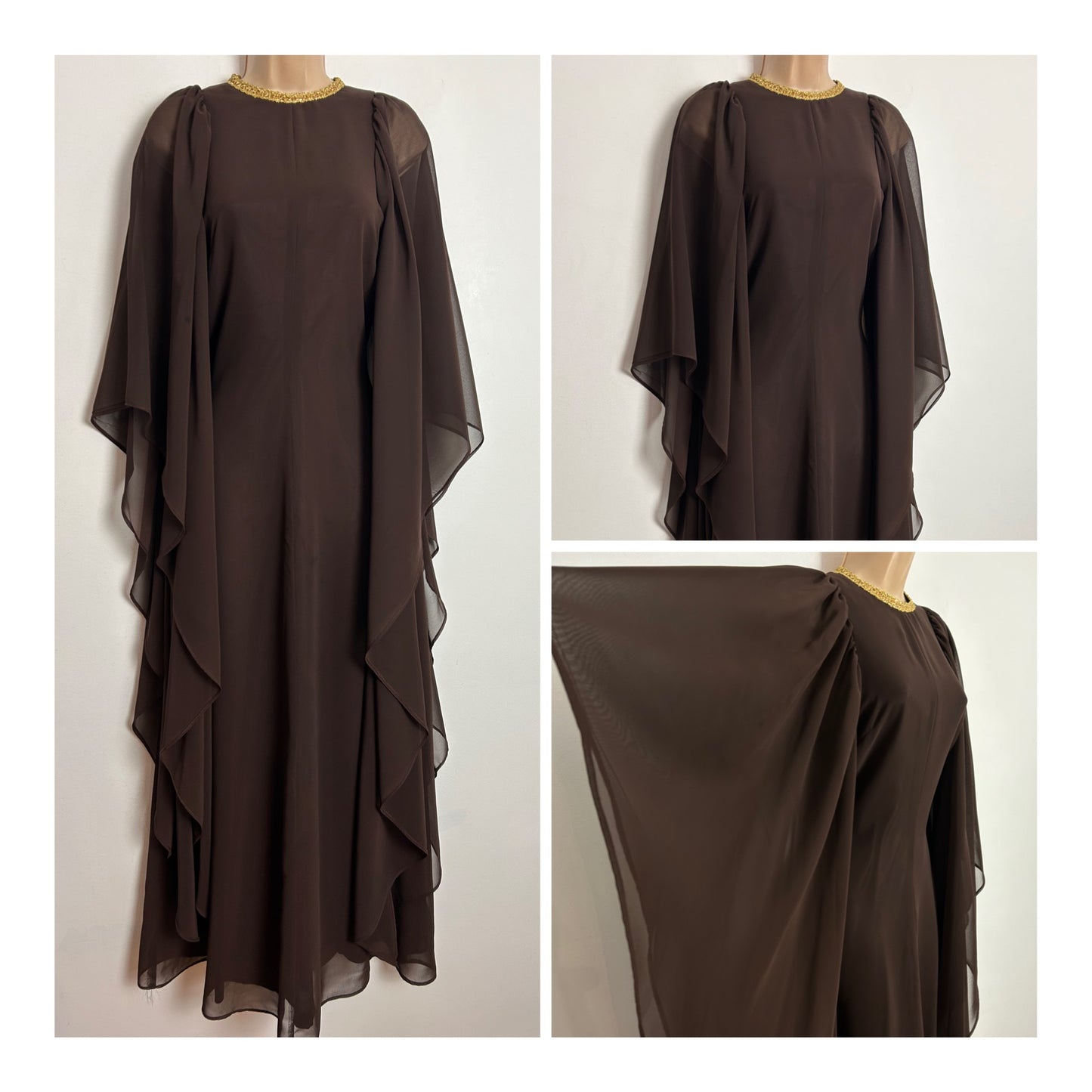 Vintage Late 1960s FIONA UK Size 10 Chocolate Brown Gold Braid Trim Very Wide Floaty Sleeve Occasion Maxi Dress
