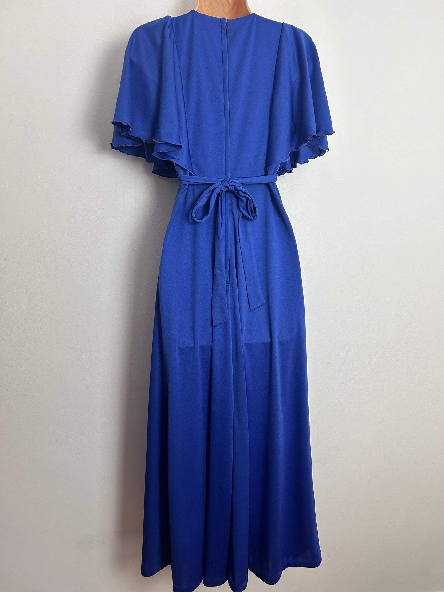 Vintage 1970s MR DARREN UK Size 6-8 Blue Embroidered Detail Flutter Sleeve Boho Maxi Dress