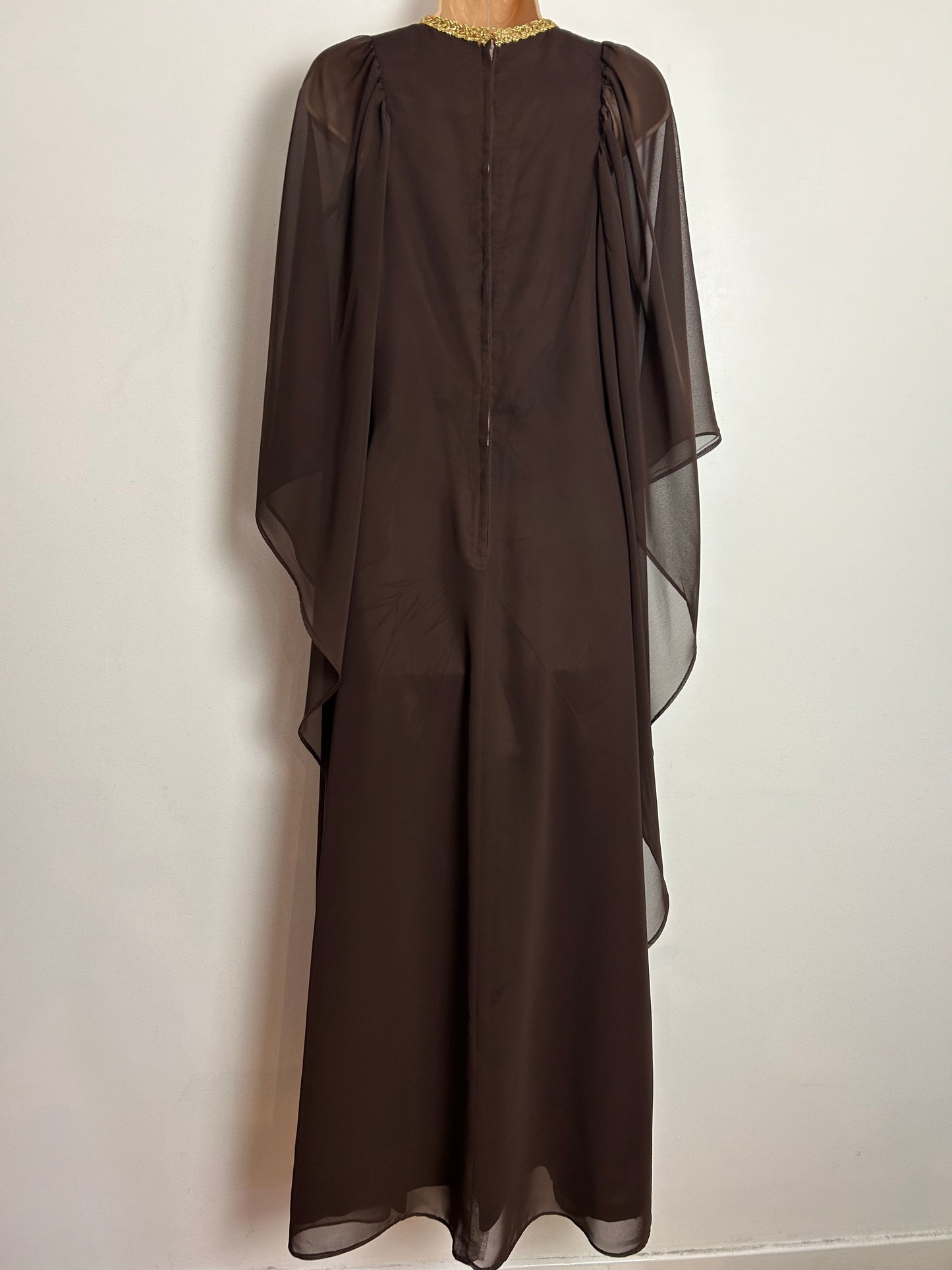 Vintage Late 1960s FIONA UK Size 10 Chocolate Brown Gold Braid Trim Very Wide Floaty Sleeve Occasion Maxi Dress