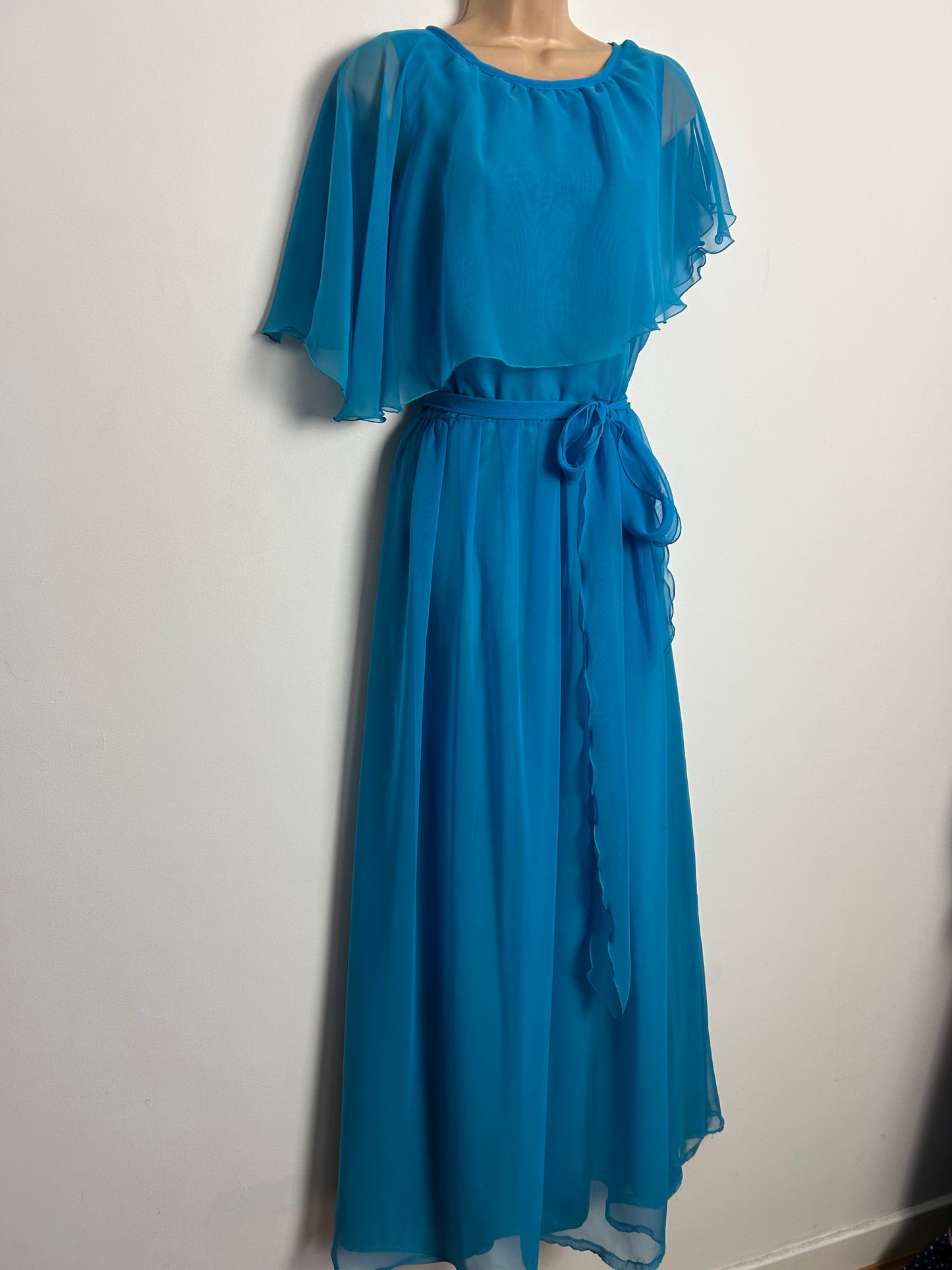 Vintage 1970s UK Size 10 Pretty Sky Blue Chiffon Asymmetrical Cape Sleeve Belted Maxi Dress