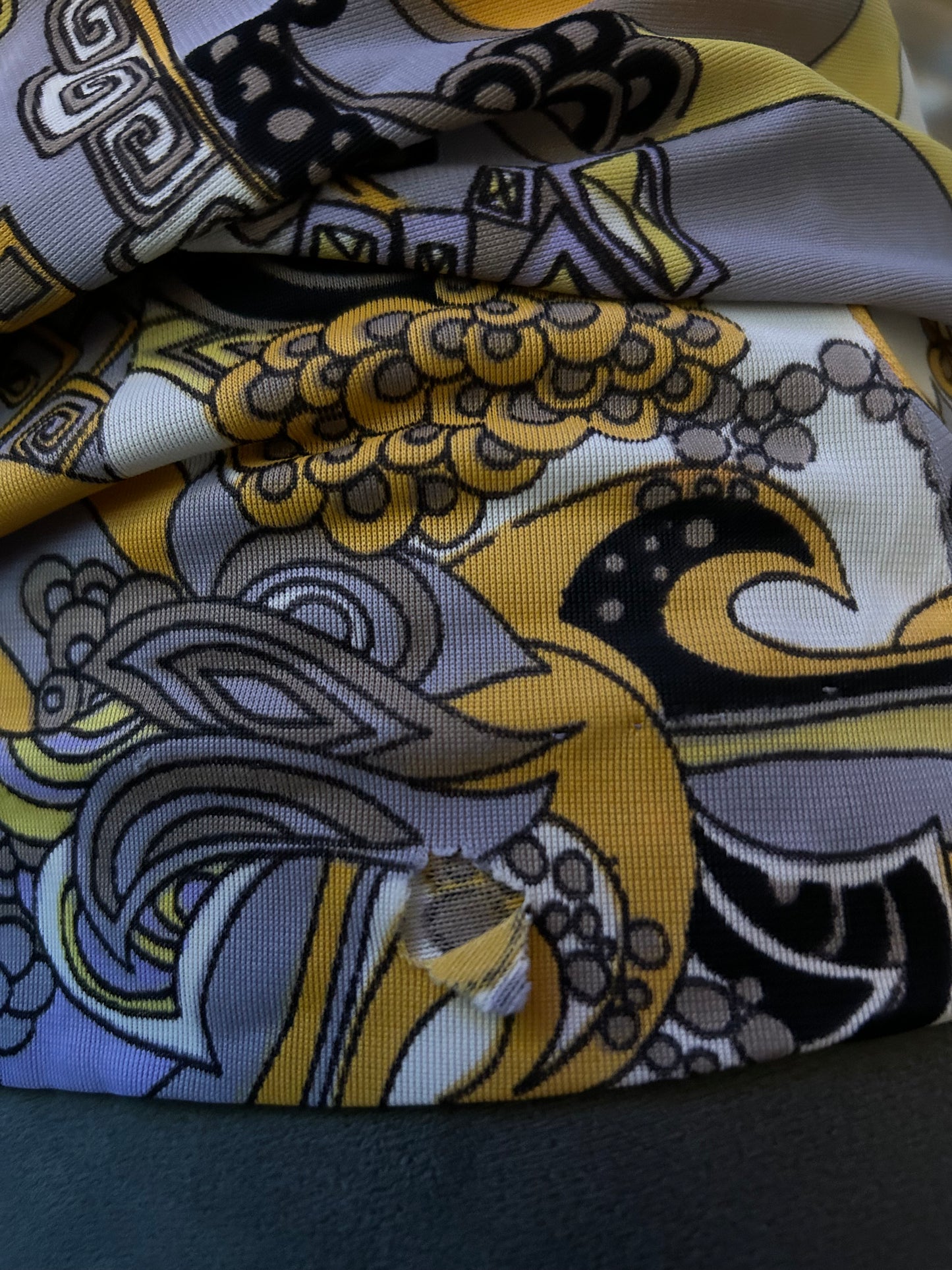 Vintage 1970s CANDA INTERNATIONAL UK Size 6 Grey Yellow Orange & White Psychedelic Print Maxi Dress