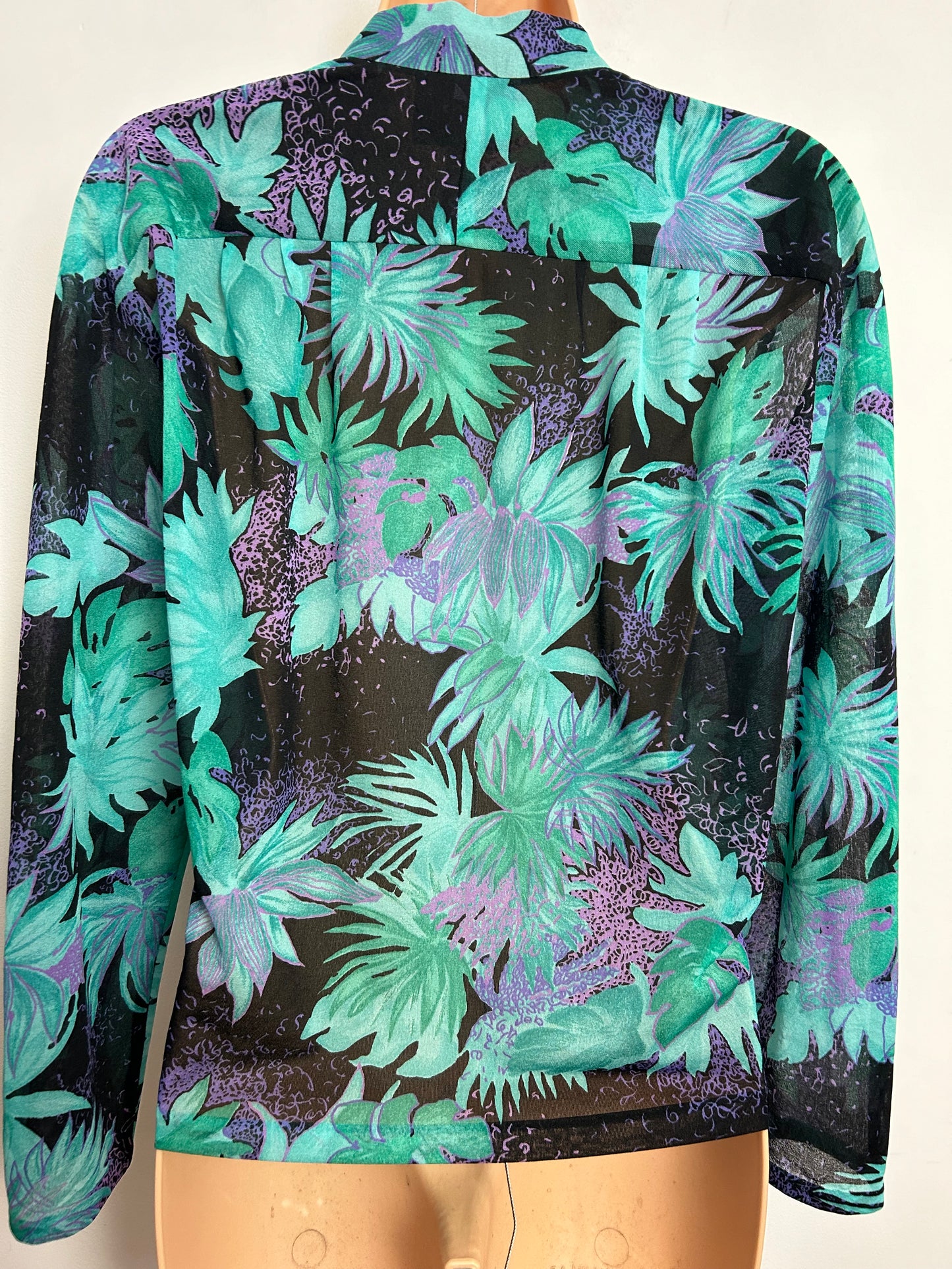 Vintage Early 1980s VON GASSLER UK Size 16 Black & Green Tones Leaf Print Long Sleeve Blouse