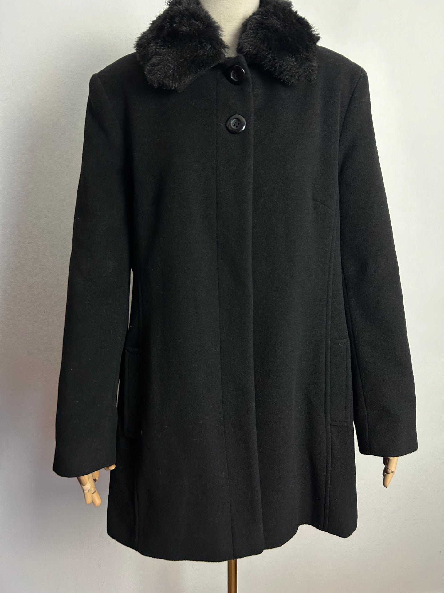 Vintage DAVID BARRY UK Size 14 Black Wool & Cashmere Faux Fur Collar (Detachable) Coat