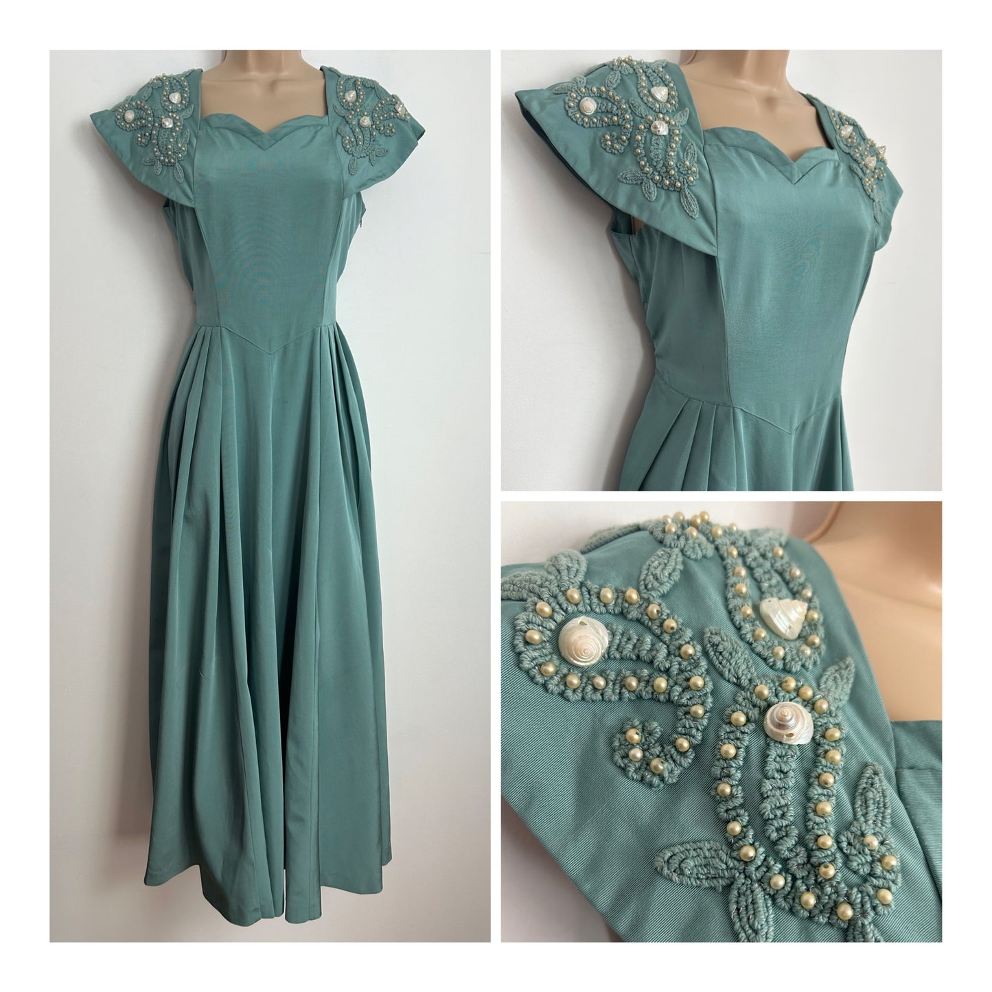 Vintage 1940s Size 10-12 Beautiful Duck Egg Blue Gaberdine Braid Bead & Shell Embellished Pleated Ballgown