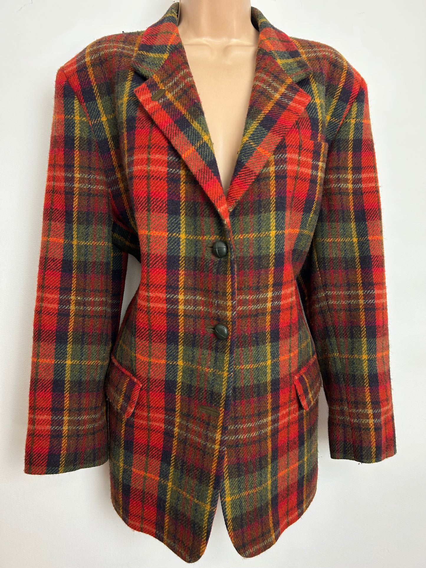 Vintage DAKS SIGANTURE Size 14-16 Red Green & Yellow Tartan Check Wool Blazer Jacket With Elbow Patches