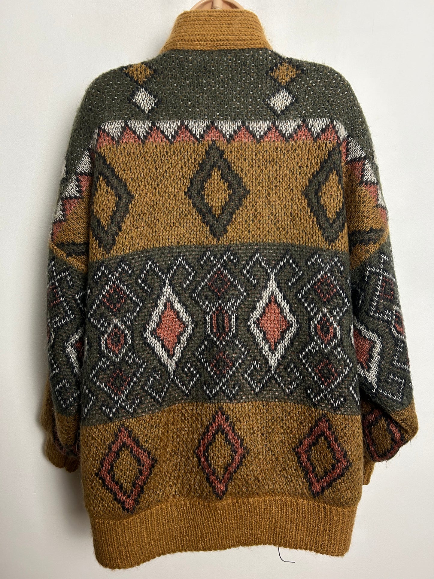 Vintage 1980s One Size Up To Size 16/18 Oversized Tan Brown & Dark Green Abstract Pattern Chunky Lined Coatigan