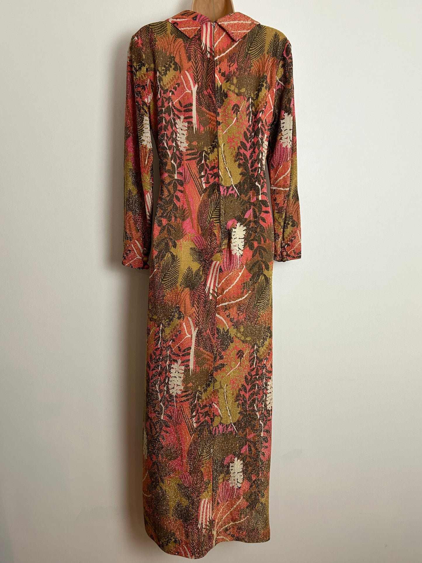 Vintage 1960s WYNDALE UK Size 12-14 Orange & Brown Tones Floral Print Lurex Occasion Maxi Dress