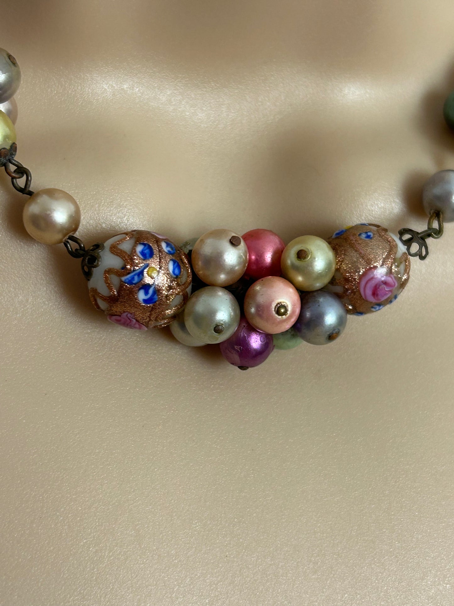 Vintage Venetian Murano Pink Blue & White Coated Glass Wedding Cake Lamp Work Beaded Necklace