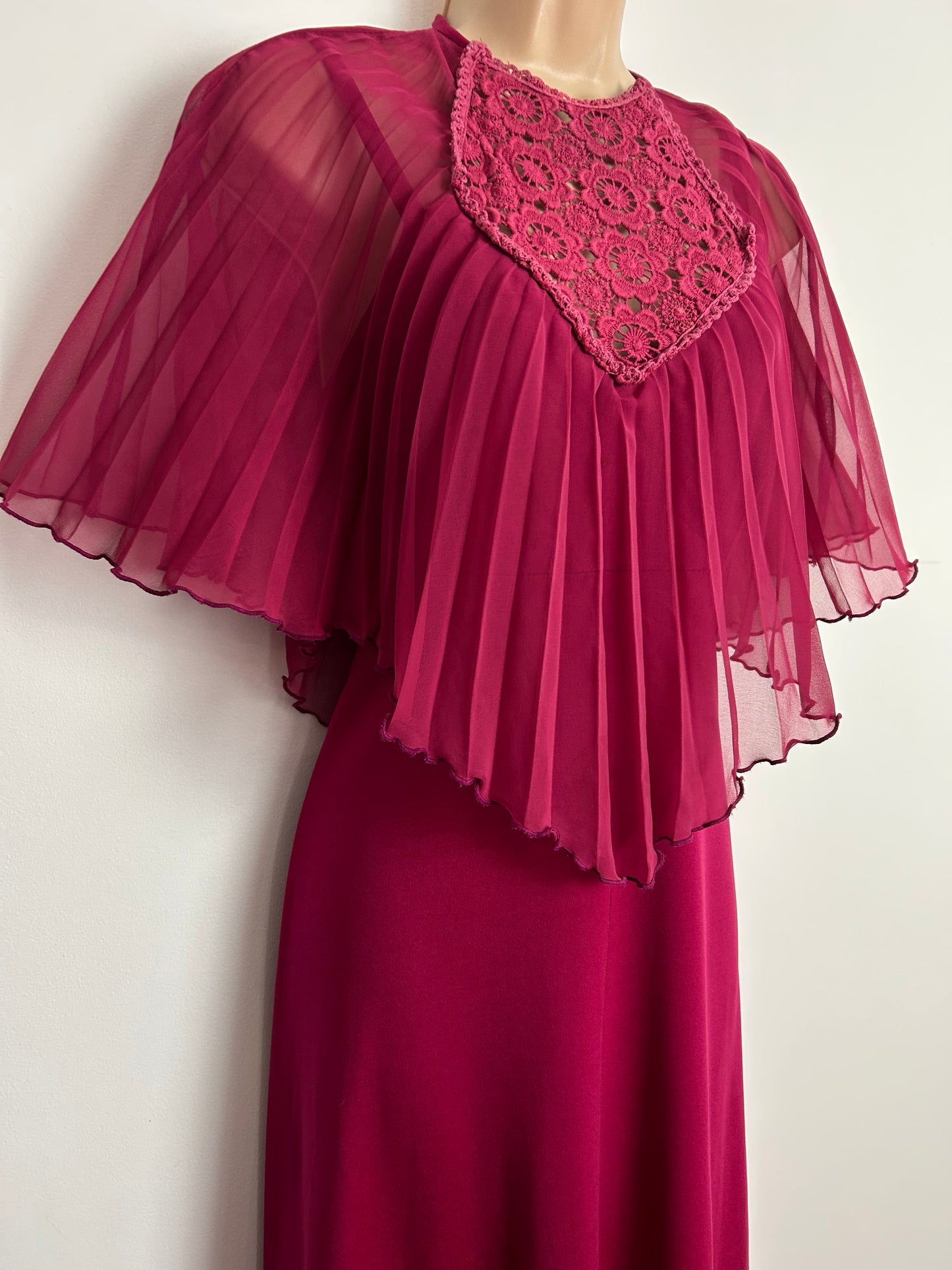 Vintage 1970s Size 12 Pretty Raspberry Pleated & Lace Cape Sleeve Boho Maxi Dress