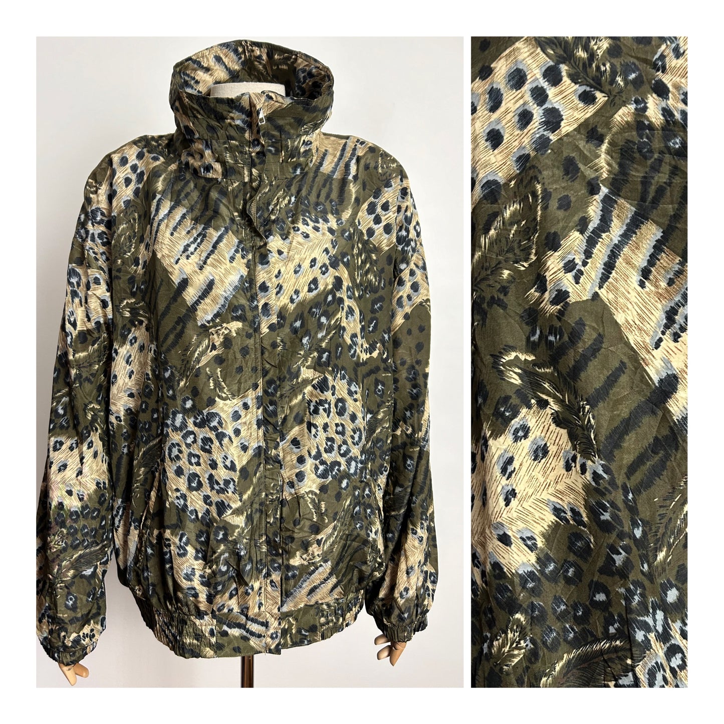 Vintage 1980s/1990s ACTIVE STUDIO Up To Size 16 Khaki Green & Beige Animal & Feather Print Shell Style Jacket