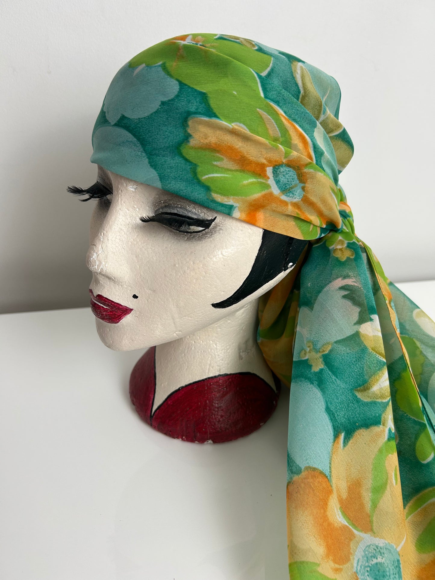 Modern Teal Blue Orange & Green Floral Print Chiffon Large Scarf 105cm x 105cm