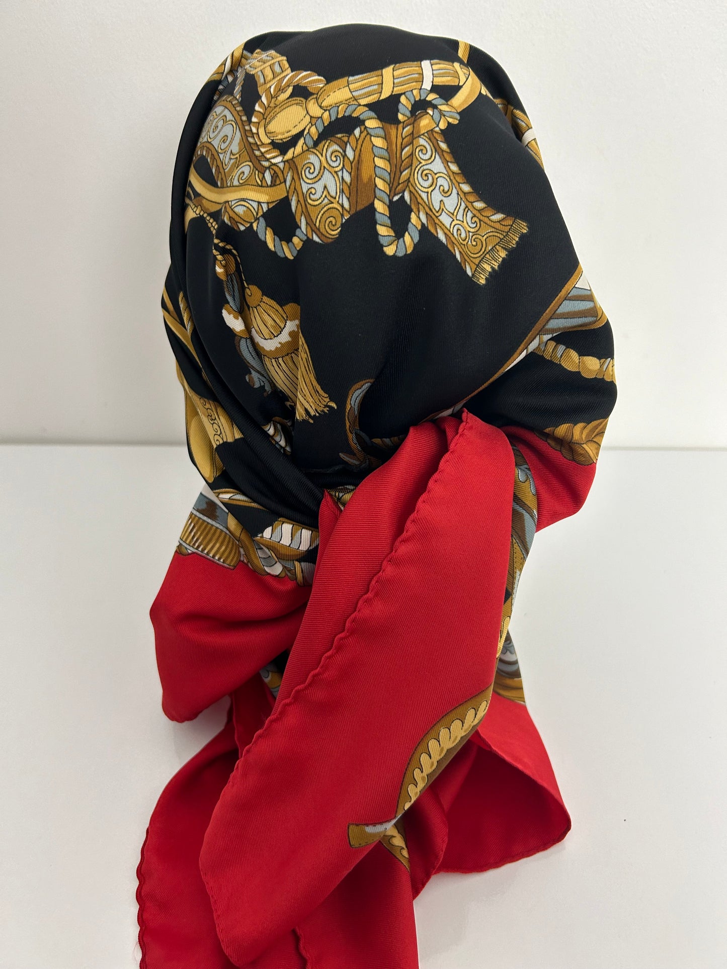 Vintage Italian Red Black & Brown Equestrian Saddle Cap Horn Regalia Print Large Scarf 86cm x 86cm