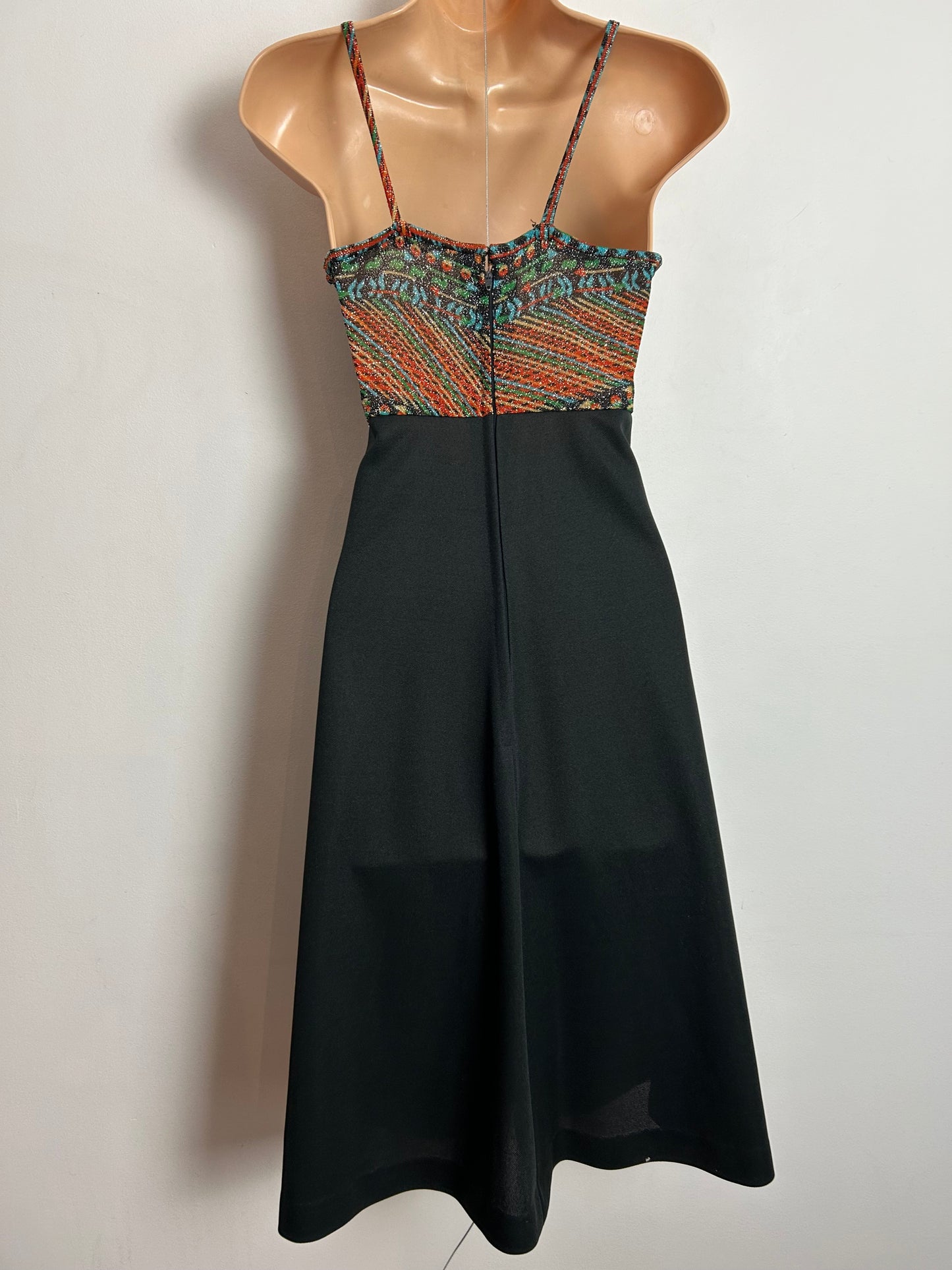 Vintage 1970s UK Size 10 Black Orange Green Blue Lurex Strappy Midi Party Dress