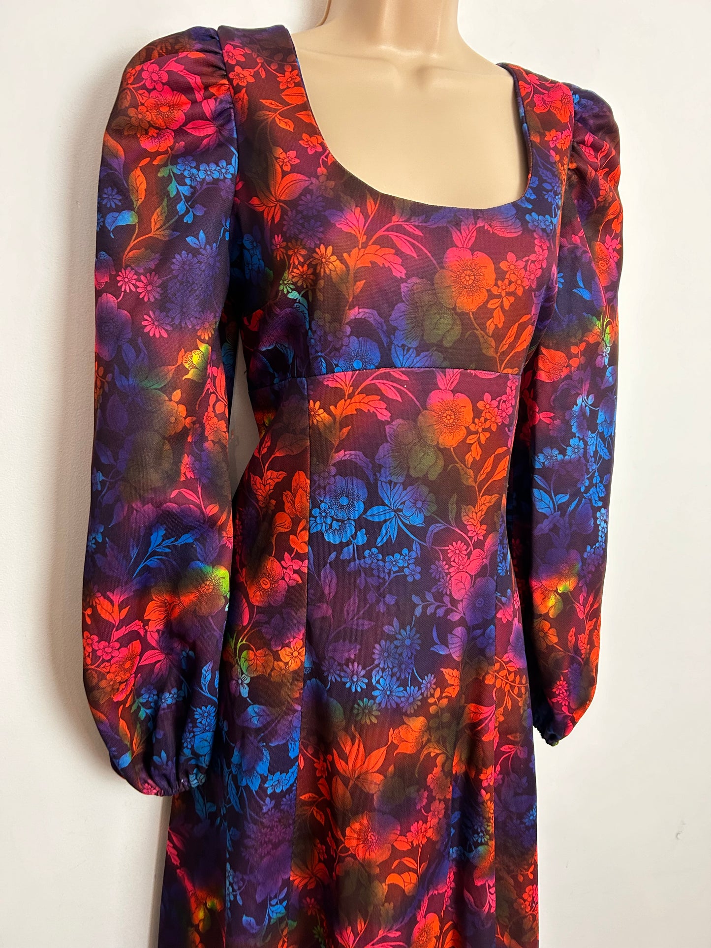 Vintage 1970s UK Size 10 Plum Purple Blue & Neon Orange Floral Print Long Sleeve Maxi Dress
