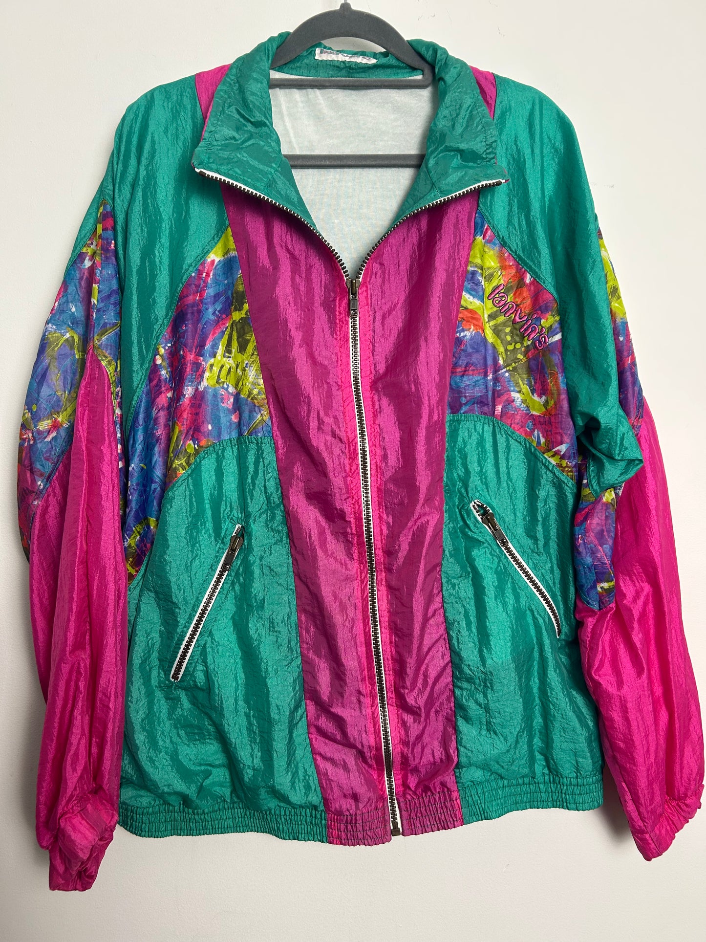 Vintage 1980s Up To Size 14/16 LANVIN'S Pink Green Blue Abstract Print Shell Suit Jacket