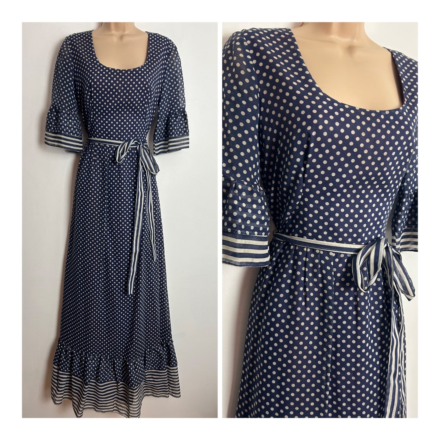 Vintage 1970s KATI At Laura Phillips UK Size 10 Navy Blue & White Polka Dot & Stripe Print Cotton Mix Belted Boho Maxi Dress